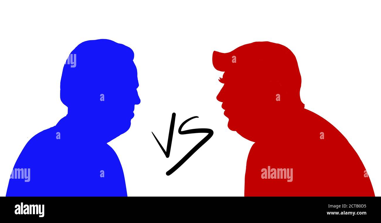17. September 2020: Donald Trump gegen Joe Biden, Präsidentschaftskandidaten. Demokraten gegen Republikaner. Illustration eines roten Elefanten und eines blauen Donke Stockfoto