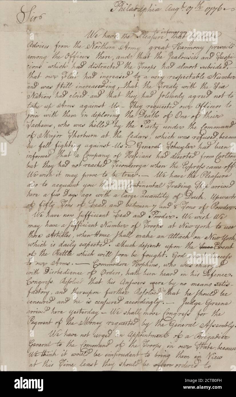 Brief an Nicholas Cooke, Gouverneur von Rhode Island, Text, Dokumente, 1776, Ellery, William, Hopkins, Stephen Stockfoto