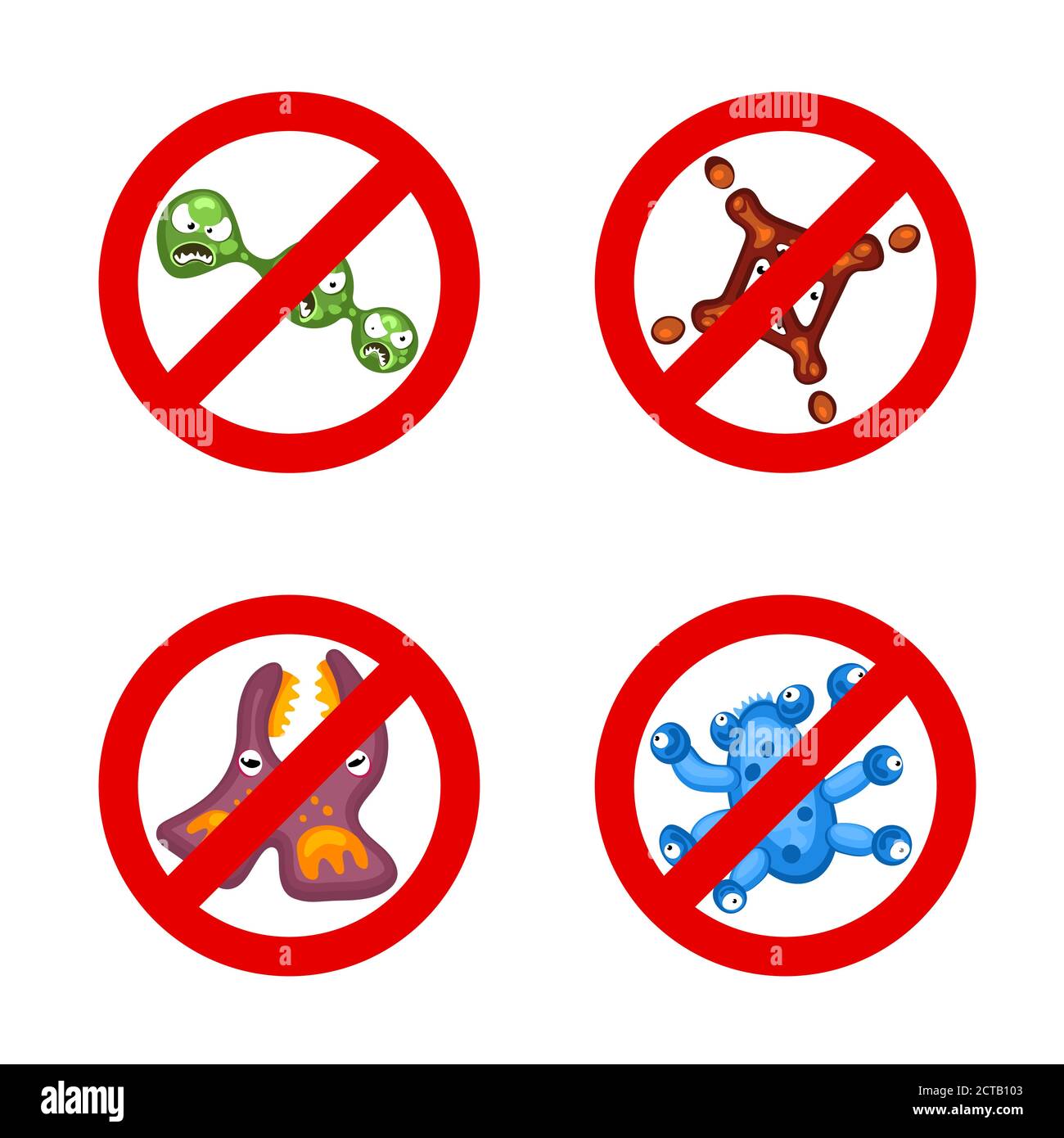Virenschutz-Symbolsatz stoppen. Cartoon Keim Zeichen Prohobition Vektor Illustration auf weißem Hintergrund. Mikroorganismus Bakterien Infektion Gefahr Charakter. Schutz von Mikrobenviren und Krankheiten Stock Vektor