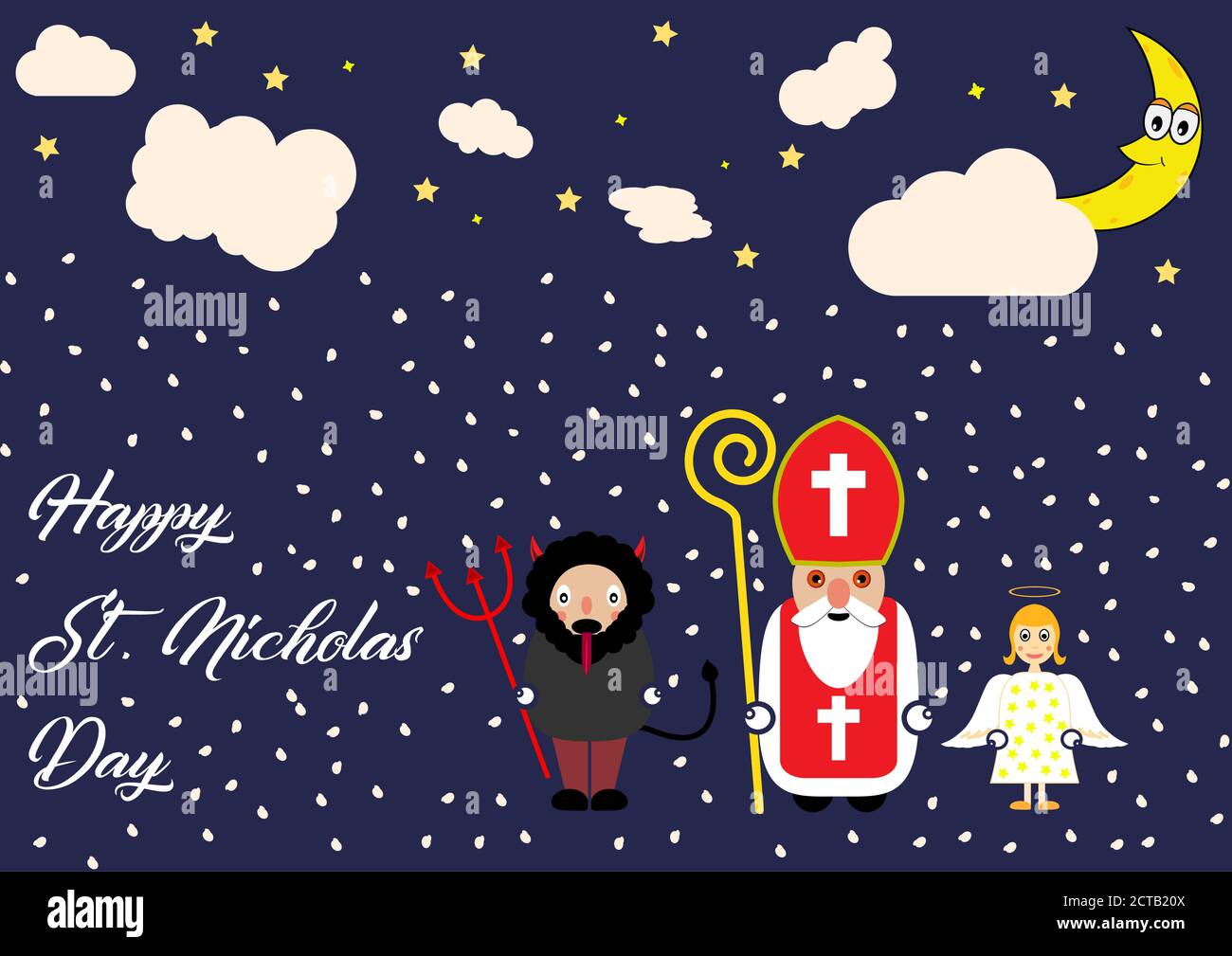 Niedliche Cartoon Grußkarte mit St. Nikolaus, Engel und Teufel Charakter. Stock Vektor