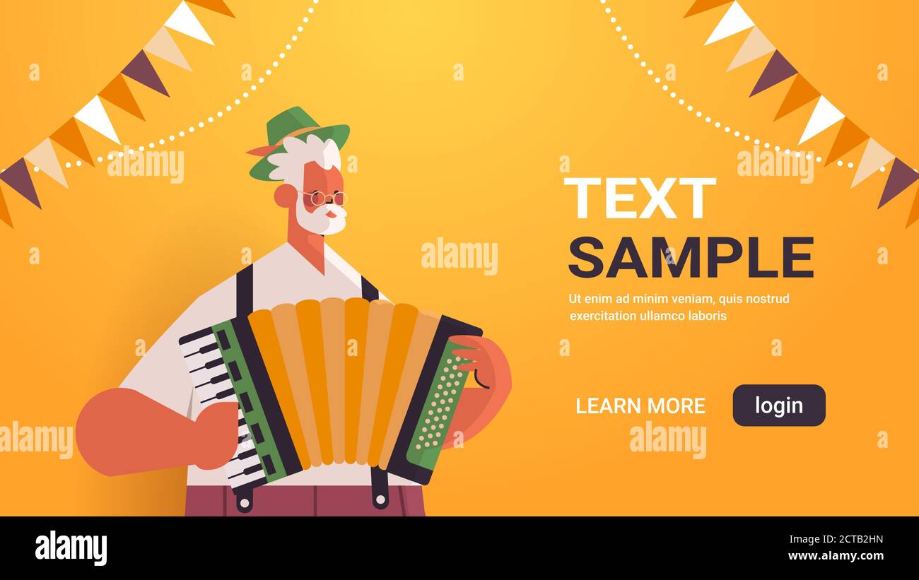 Musiker spielen Akkordeon auf Volksfest Oktoberfest Party Feier Konzept Mann in deutscher traditioneller Kleidung mit Spaß Portrait horizontale Kopie Vektordarstellung für den Raum Stock Vektor