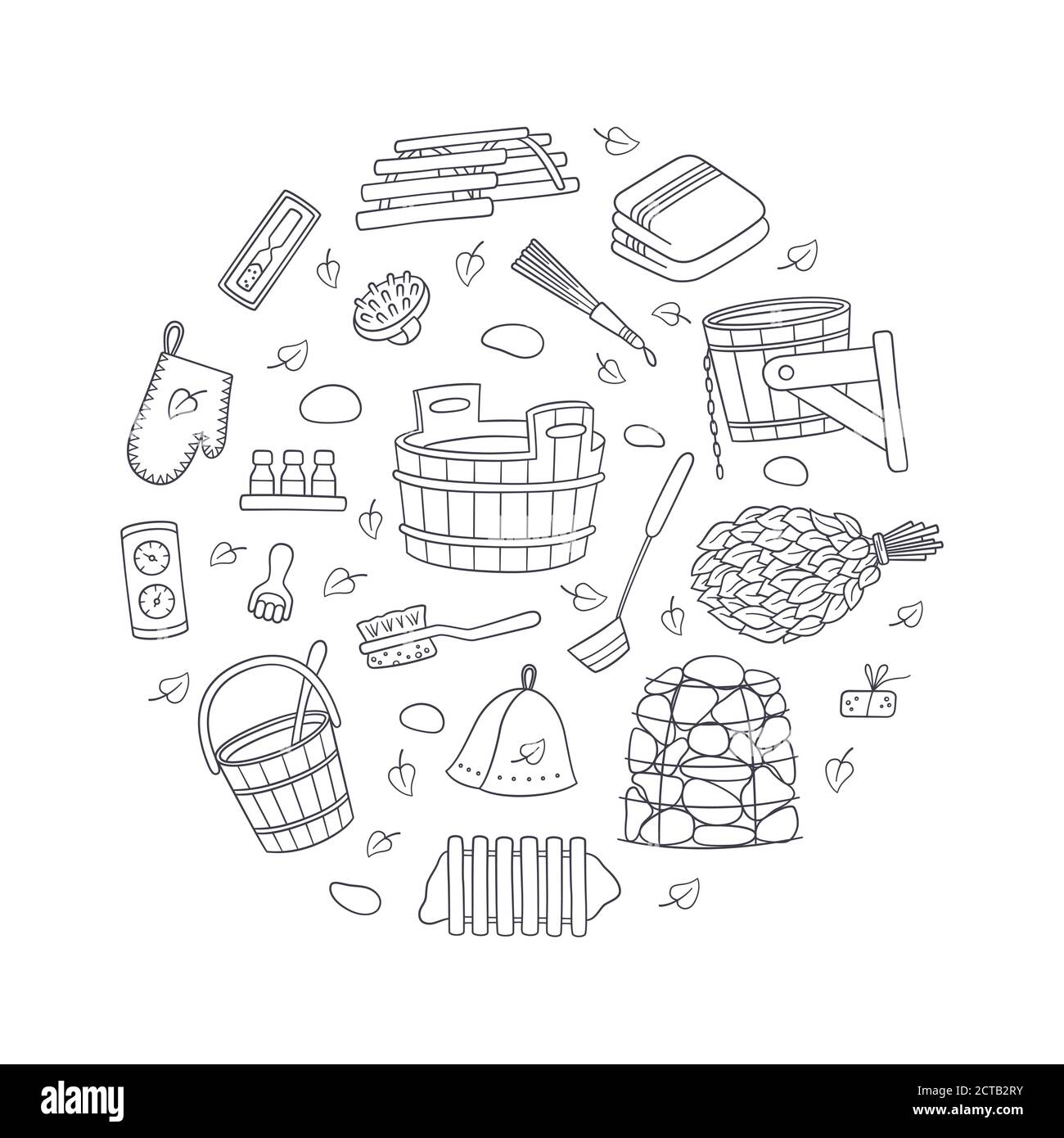 Handgezeichnetes Badehaus- und Saunazubehör. Wanne und Birkenbesen, Topfhalter und Hut, Thermometer, Massagegerät und andere. Vektorgrafik Stock Vektor