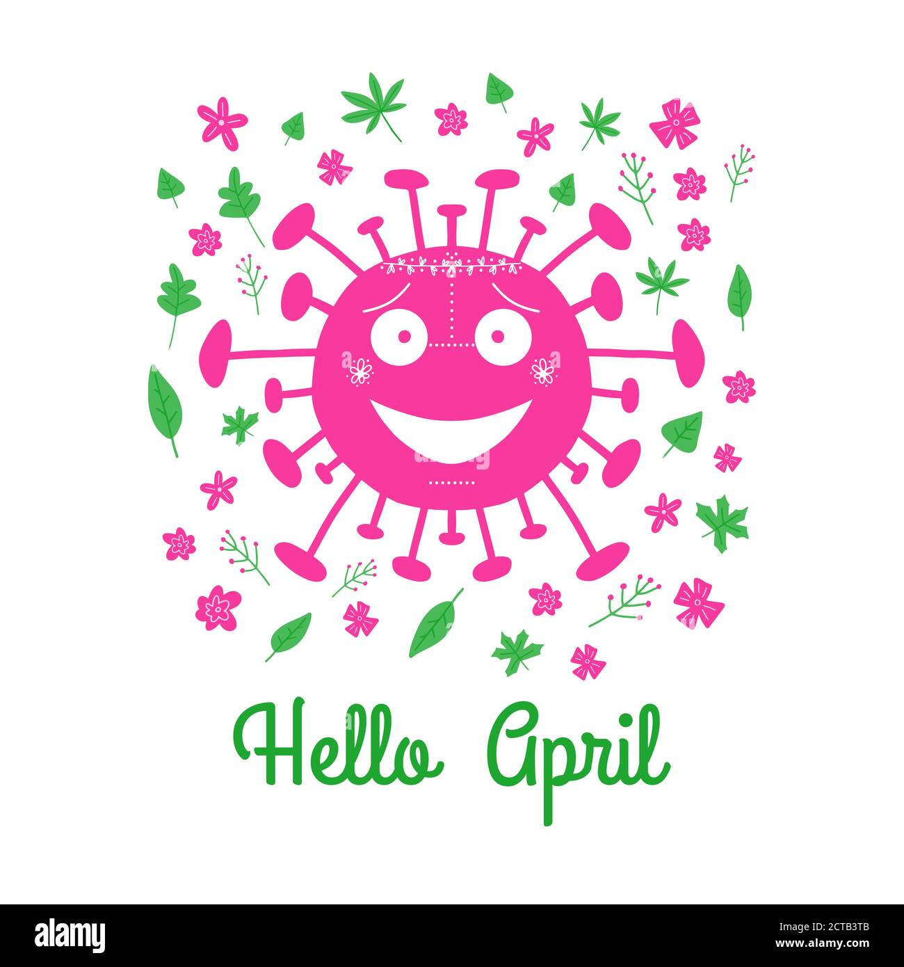Hallo April. Pink Cartoon Coronavirus Bakterien mit grünen Blättern und Frühlingsblumen. Isoliert auf weißem Hintergrund. Vektorgrafik. Stock Vektor