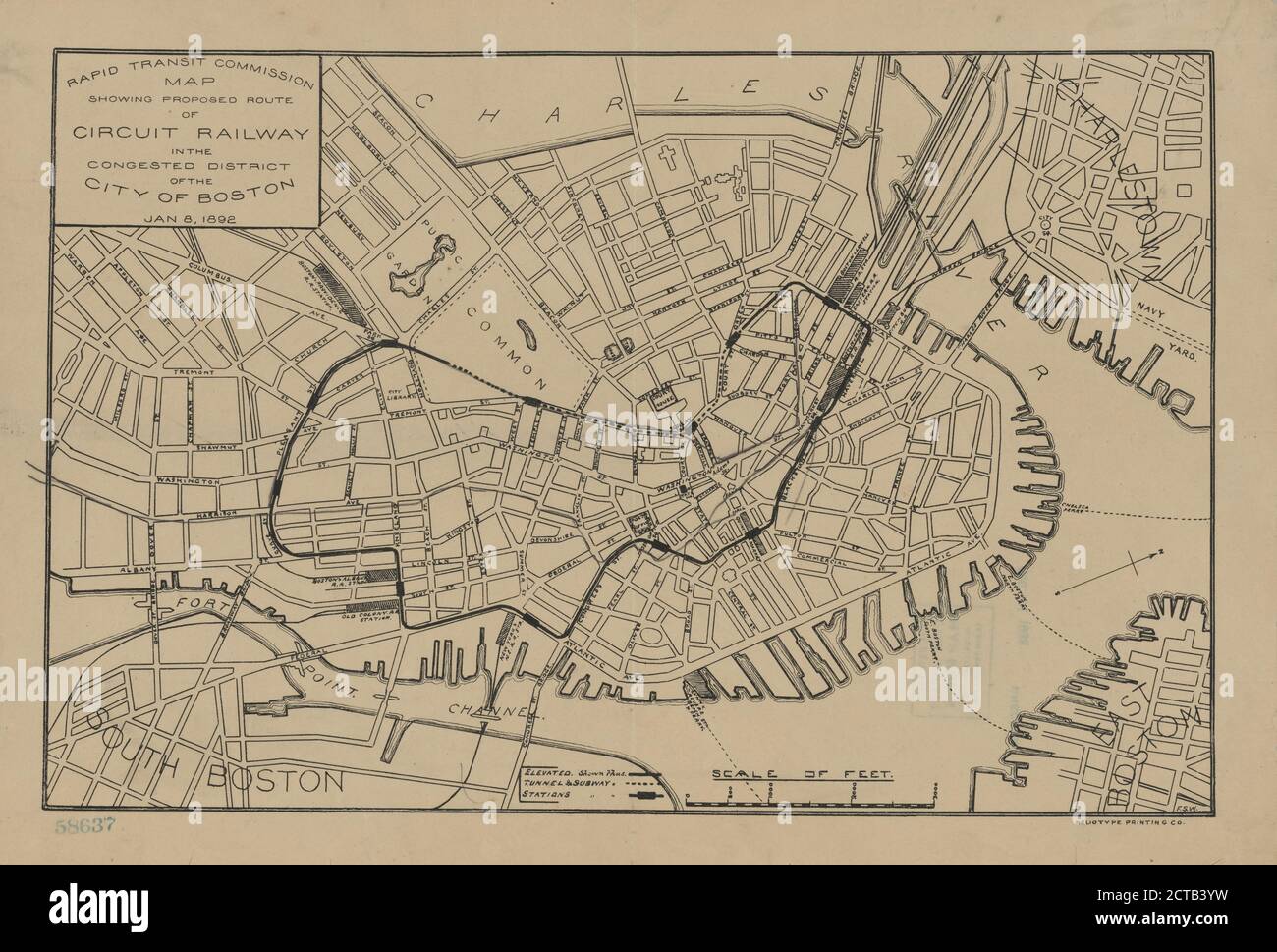 Rapid Transit Commission, Karte zeigt vorgeschlagene Route der Circuit Railway in der verstopften Bezirk der Stadt Boston, 8. Januar 1892, kartografisch, Maps, 1892 Stockfoto