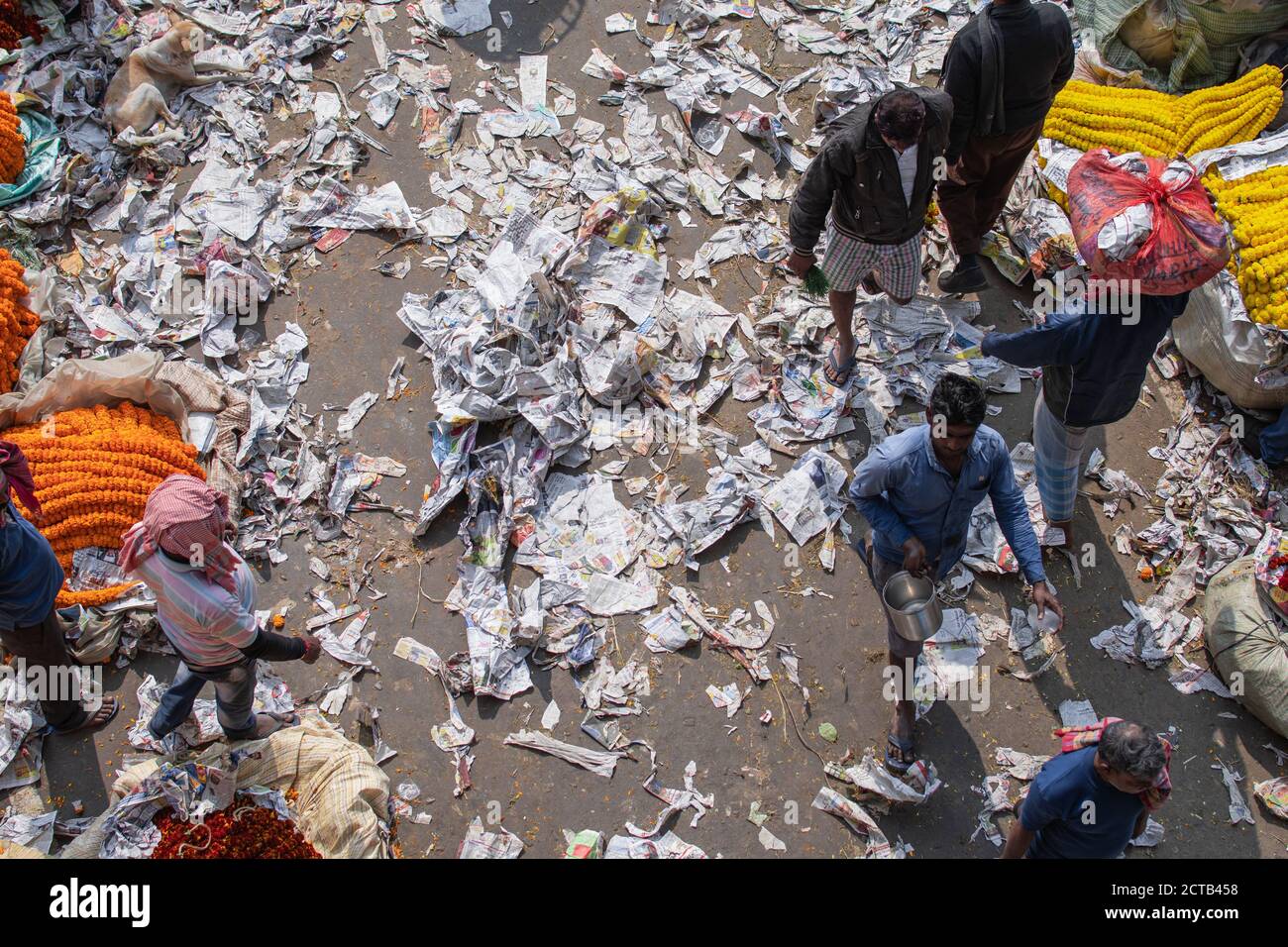 Kolkata, Indien - 2. Februar 2020: Unbekannte Leute laufen durch auf Müllzeitung auf Mallick Ghat Blumenmarkt an Howrah Brücke Stockfoto