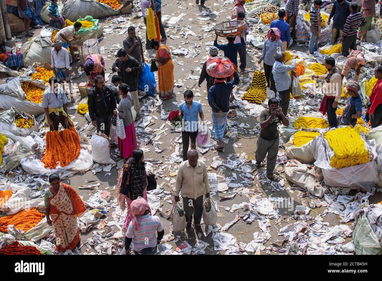 Kolkata, Indien - 2. Februar 2020: Nicht identifizierte Menschen besucht Mallick Ghat Blumenmarkt von Howrah Brücke zu kaufen und zu verkaufen bunte Ringelblumen Stockfoto