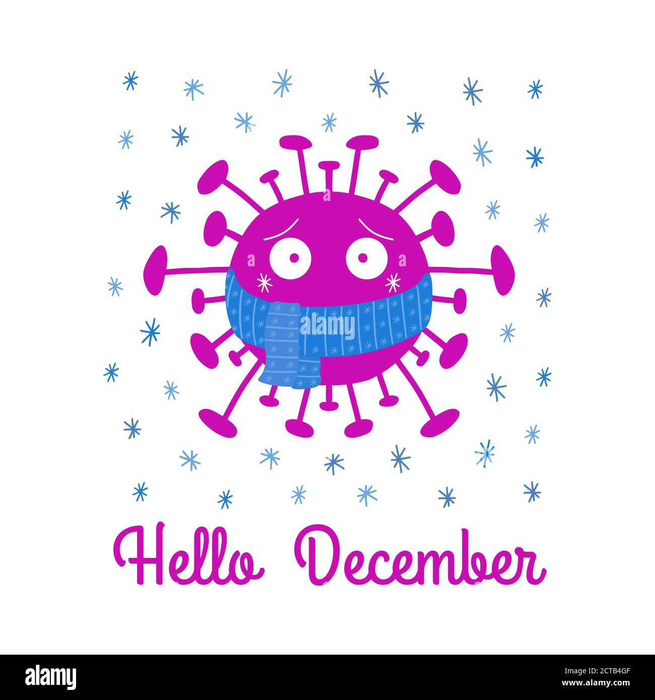 Hallo Dezember. Cartoon Coronavirus Bakterien in blauen Schal mit Schneeflocken. Isoliert auf weißem Hintergrund. Vektorgrafik. Stock Vektor