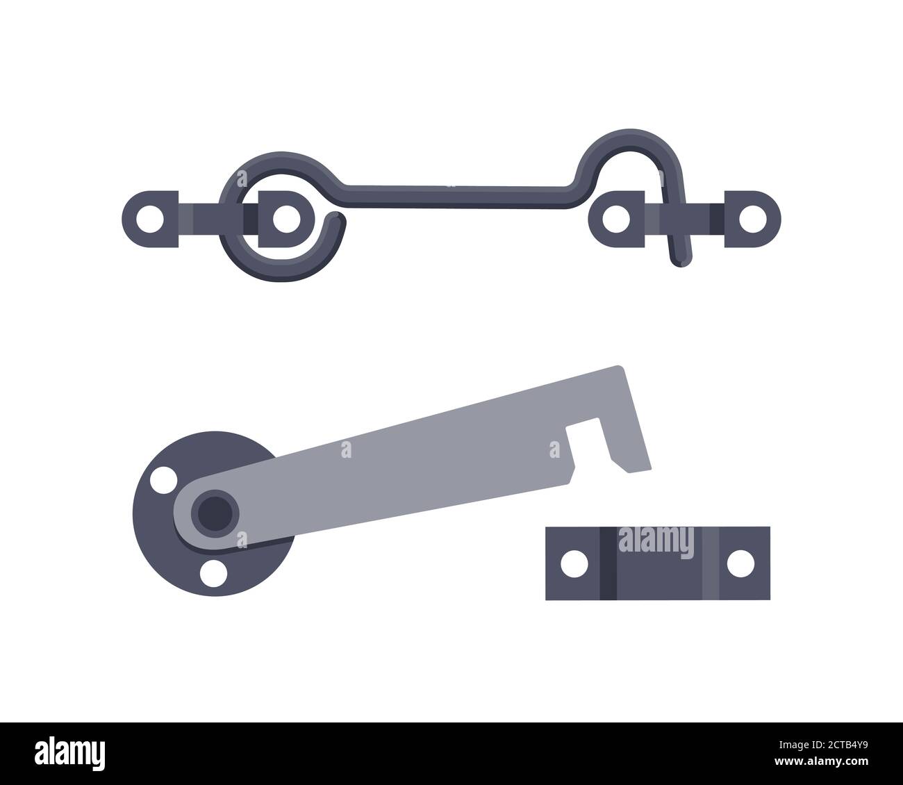 Satz Türhaken aus Metall. Sicherheitshardware aus Stahl. Vektorgrafik Stock Vektor