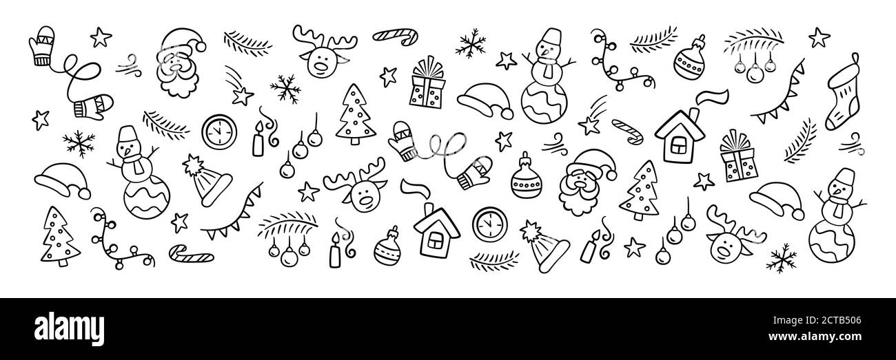 Weihnachtsflyer mit Weihnachtsmann, weihnachtsbaum, Rentier, Schneemann, Geschenk, Schneeflocke und andere. Vektor handgezeichnete Illustration Stock Vektor