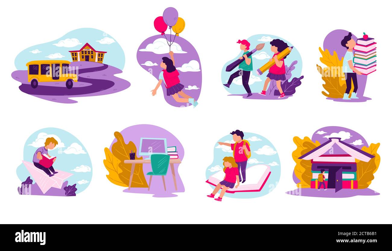 Schüler studieren in der Schule, Kinder mit Büchern Vektor Stock Vektor