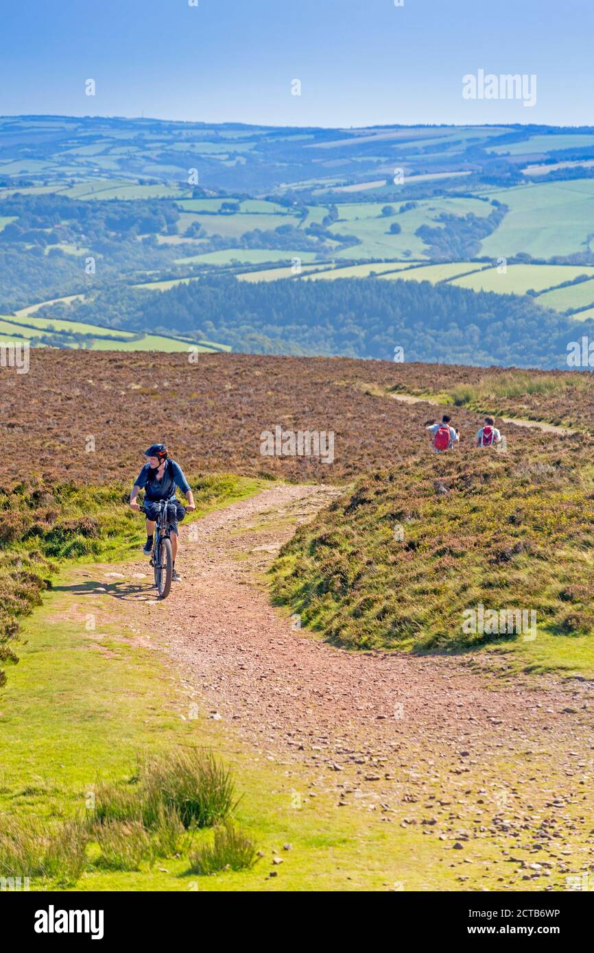 Mountainbiker nähern sich dem Gipfel des Dunkery Beacon – dem höchsten Punkt im Somerset und im Exmoor National Park (1.705ft), Somerset, England, Großbritannien Stockfoto