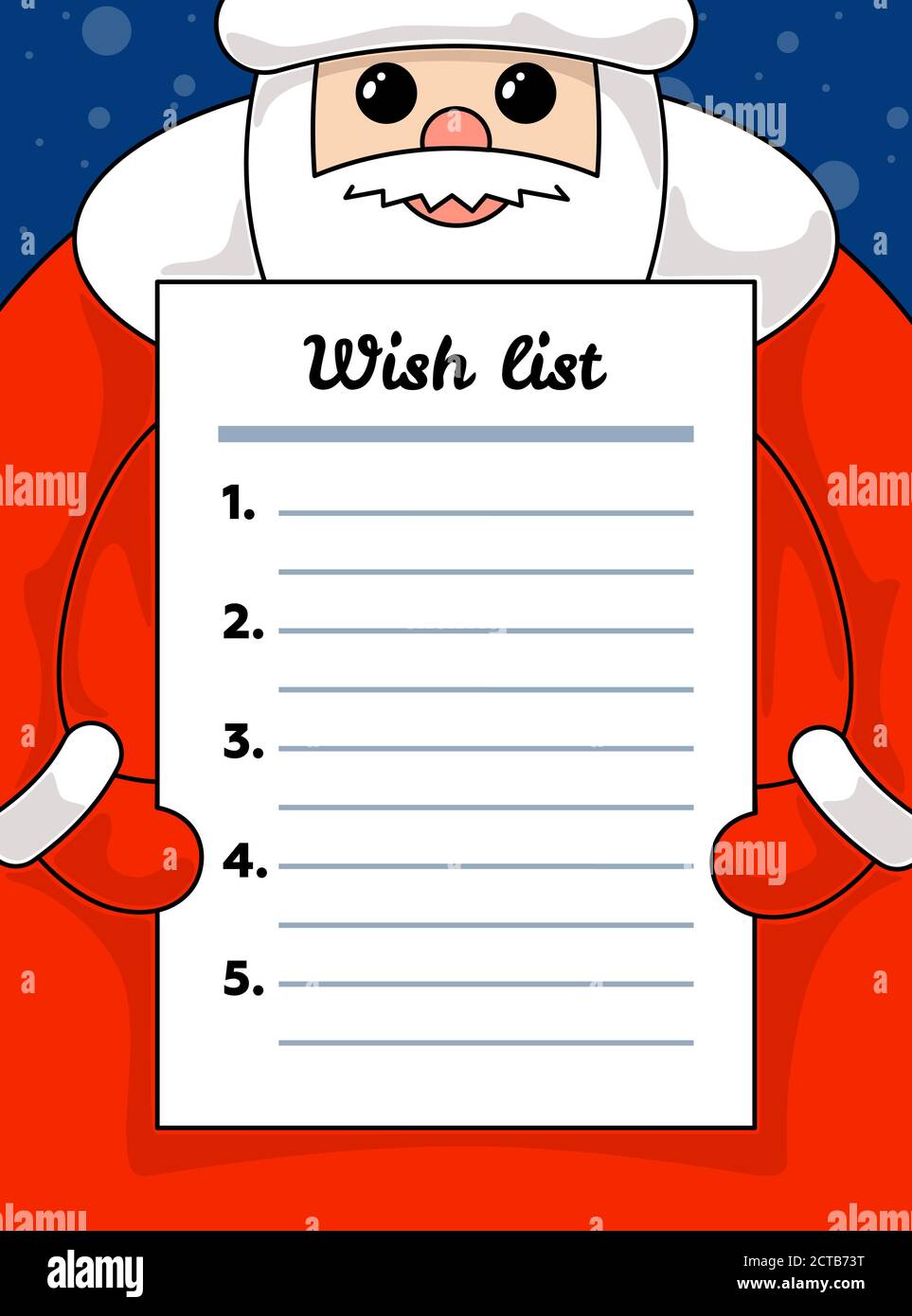 Cute Cartoon kawaii Santa Claus hält Wunschliste leeres Papier. Frohe Weihnachten und ein glückliches neues Jahr Urlaub Brief Vektor-Illustration leeren Formular-Blatt Wunschliste Stock Vektor