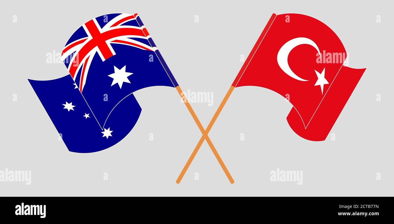 Gekreuzte und winkende Flaggen von Australien und der Türkei. Vektorgrafik Stock Vektor