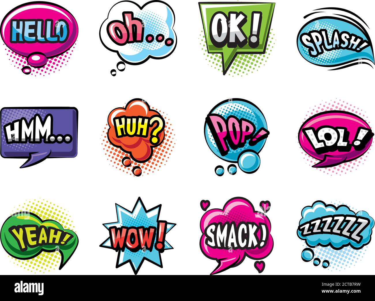 Pop Art Blasen detaillierte Stil Set Icons Design von Retro Ausdruck Comic Thema Vektor Illustration Stock Vektor