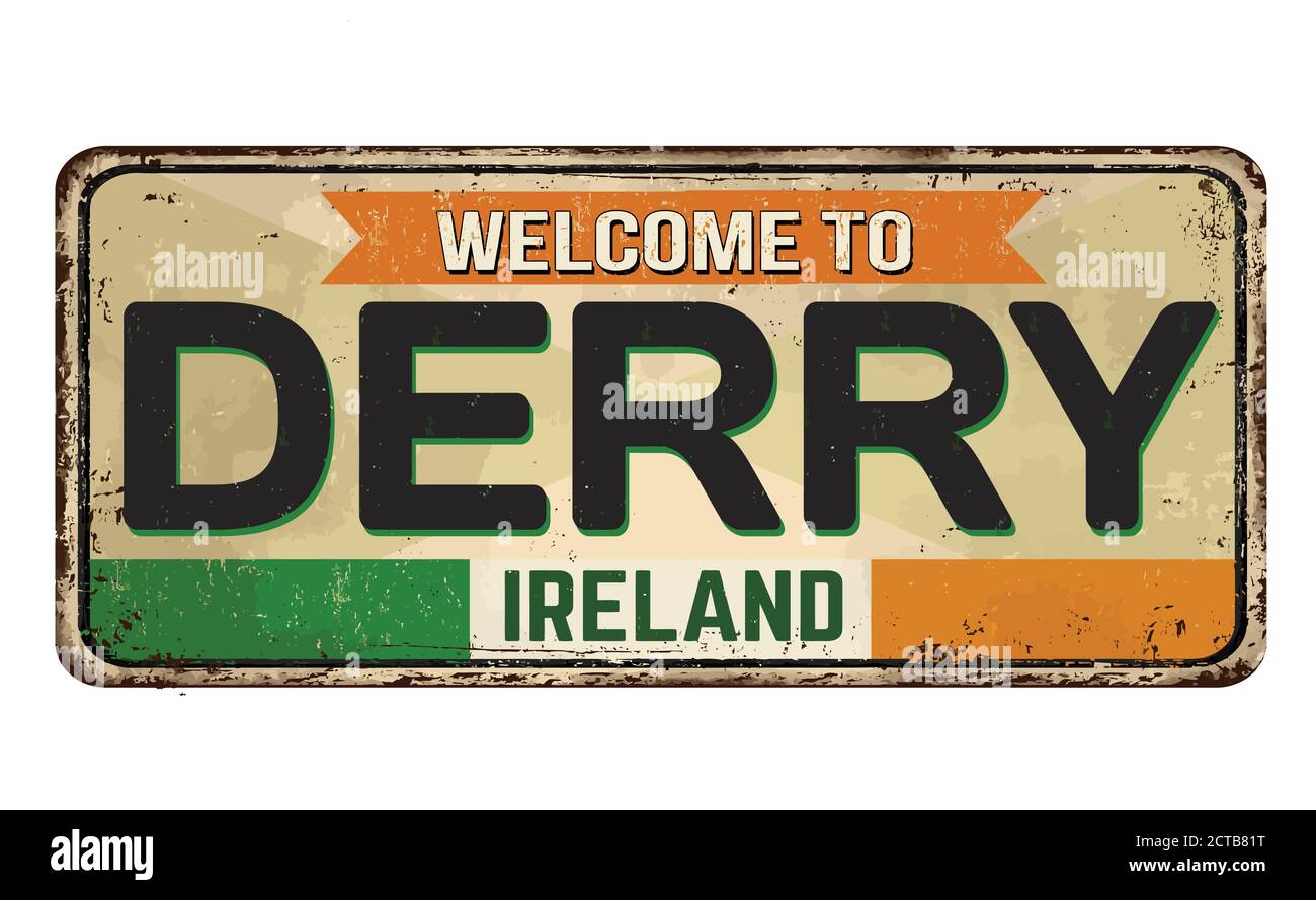 Willkommen bei Derry vintage rostigen Metall-Zeichen auf einem weißen Hintergrund, Vektor-Illustration Stock Vektor