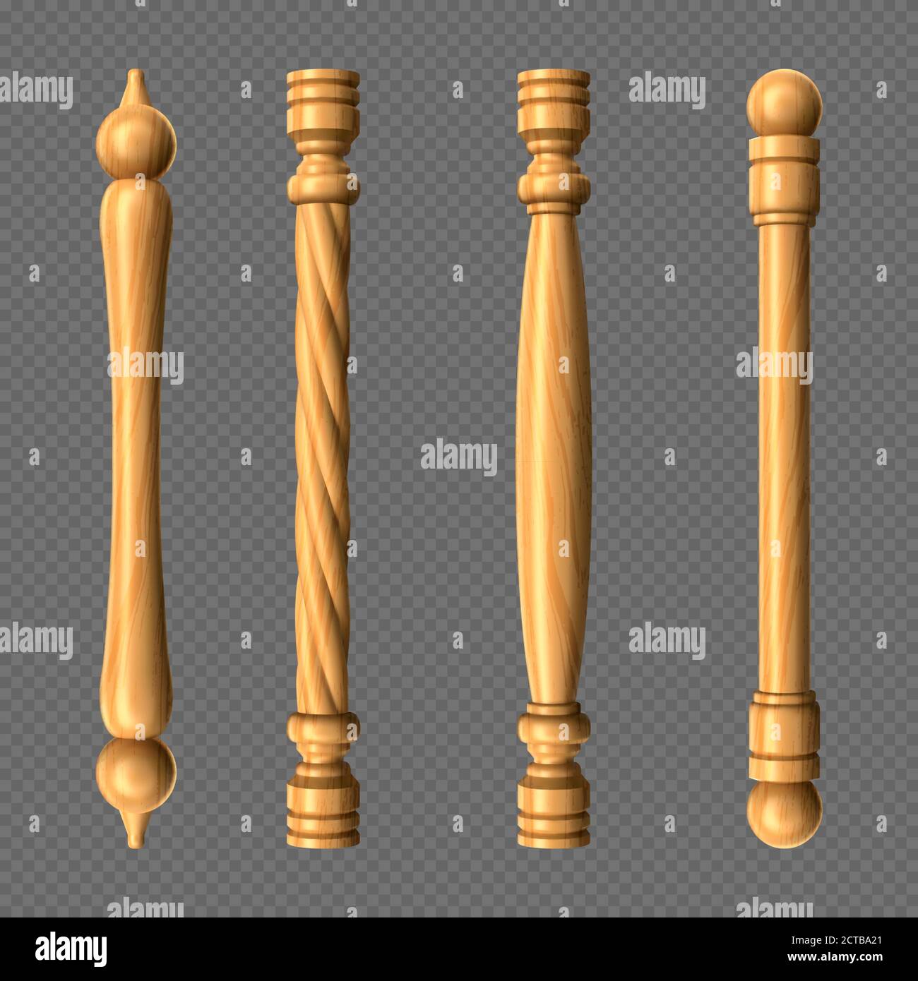 Hölzerne Türgriffe, Spalte und Drehknöpfe Bar Formen isoliert auf transparentem Hintergrund. Gelbe Holz Türknöpfe, Element für Innenarchitektur und Wohnkultur, realistische 3d-Vektor-Symbole, Clip Art Set Stock Vektor