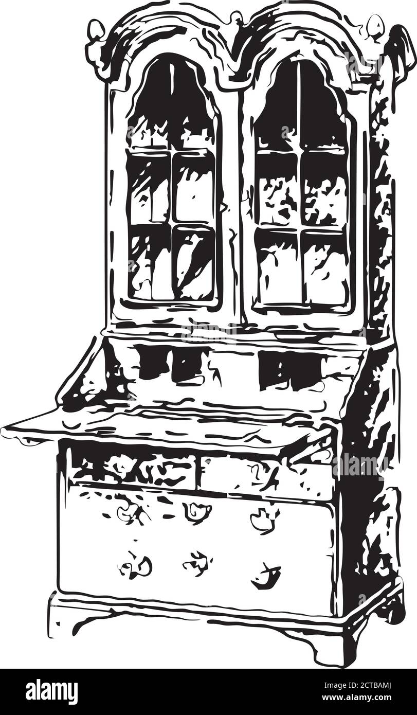 Vektor-Illustration von antiken europäischen Schrank mit Schubladen. 19. Jahrhundert Stock Vektor