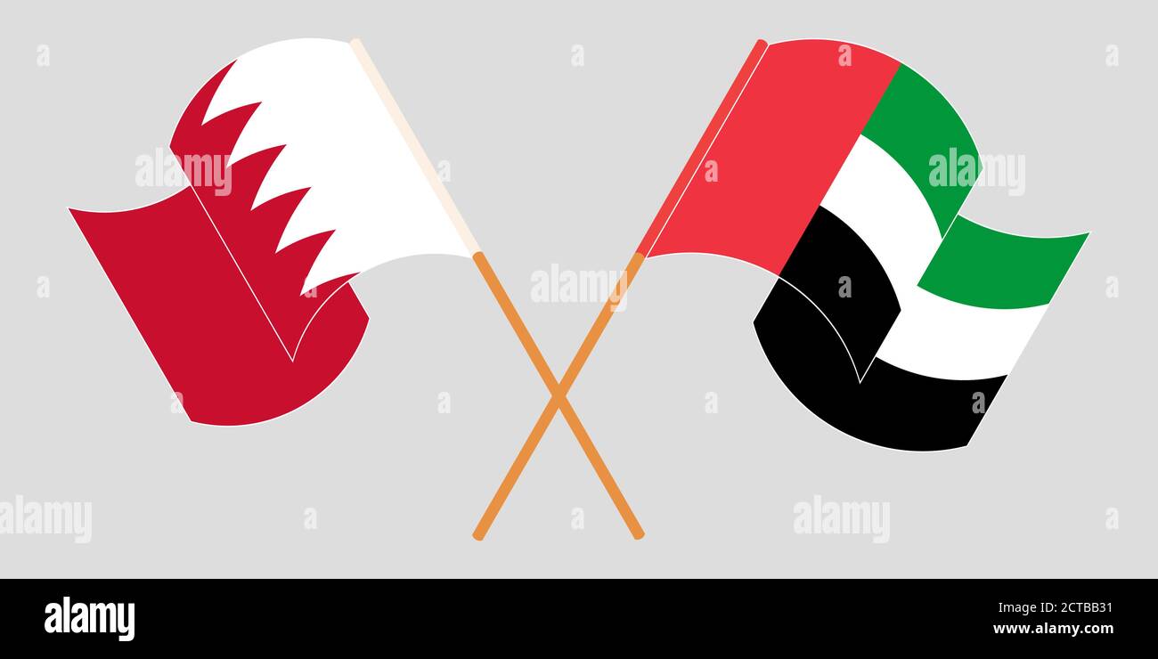 Gekreuzte und winkende Flaggen von Bahrain und den Vereinigten Arabischen Emiraten. Vektorgrafik Stock Vektor