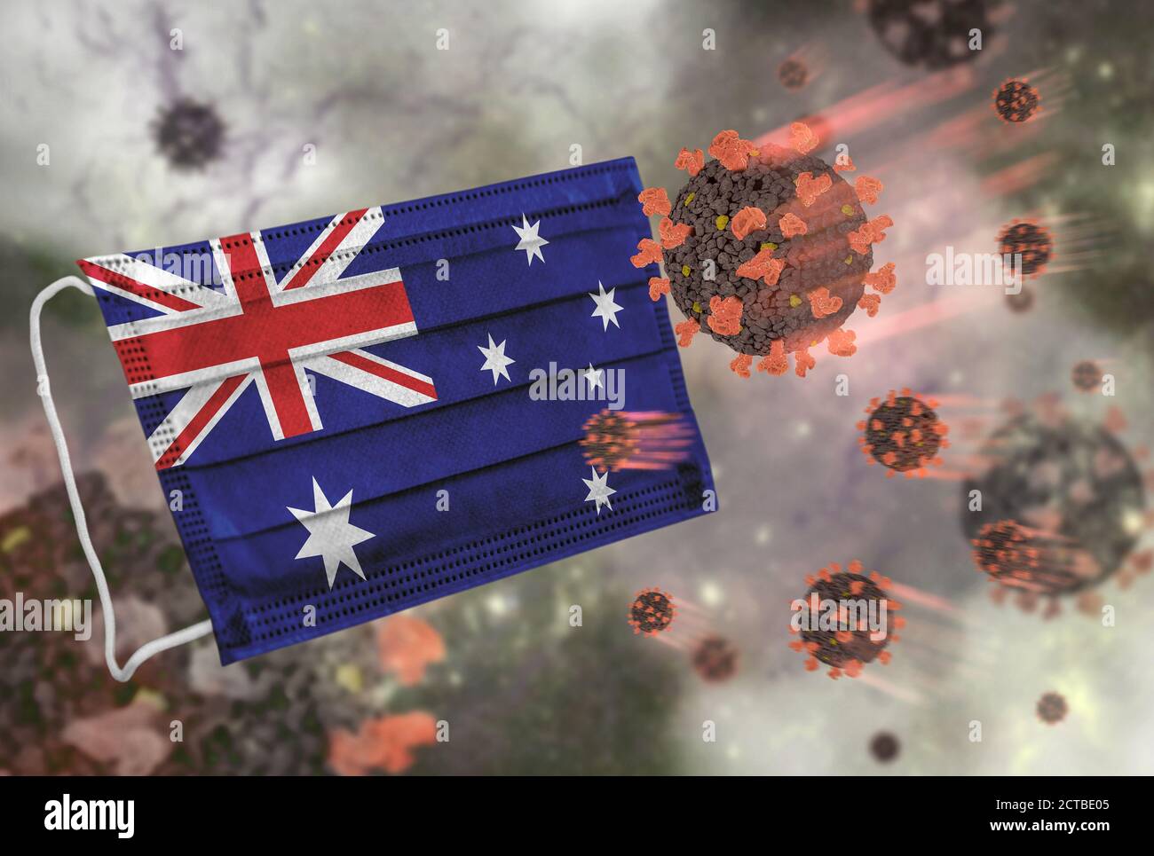 Gesichtsmaske mit Flagge von Australien, Verteidigung Coronavirus Stockfoto