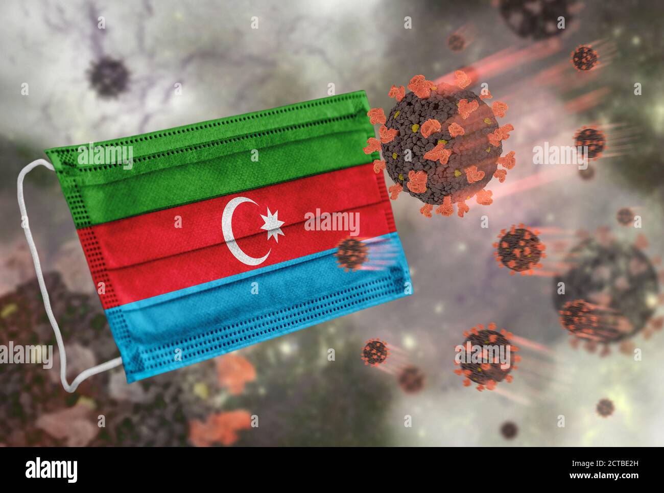 Gesichtsmaske mit Flagge von Aserbaidschan, Verteidigung Coronavirus Stockfoto