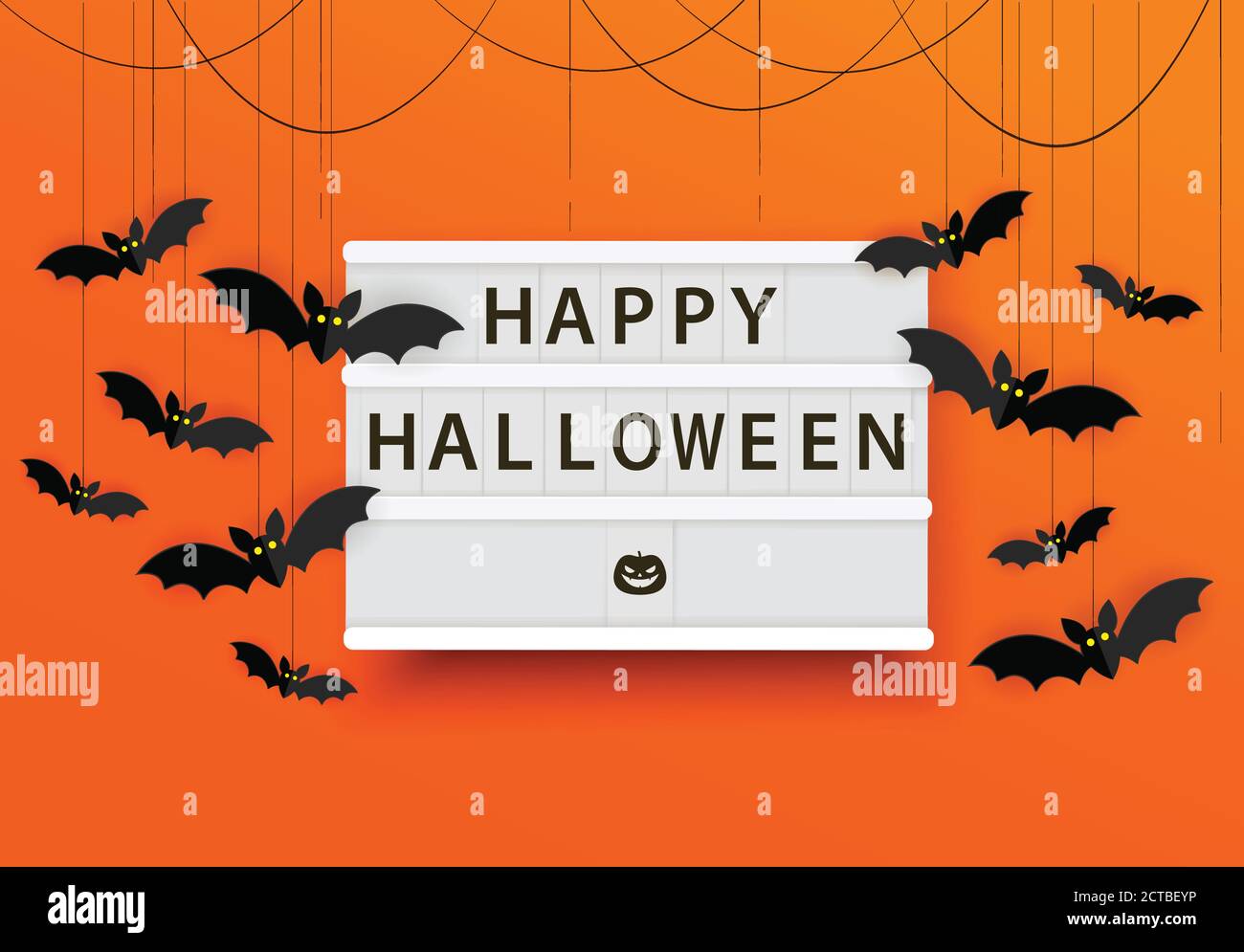 Happy halloween Leuchtkasten Vektor Illustration. Happy Halloween Poster mit Fledermäuse auf Orange Hintergrund. Gruseliges Banner oder Vorlage. Stock Vektor