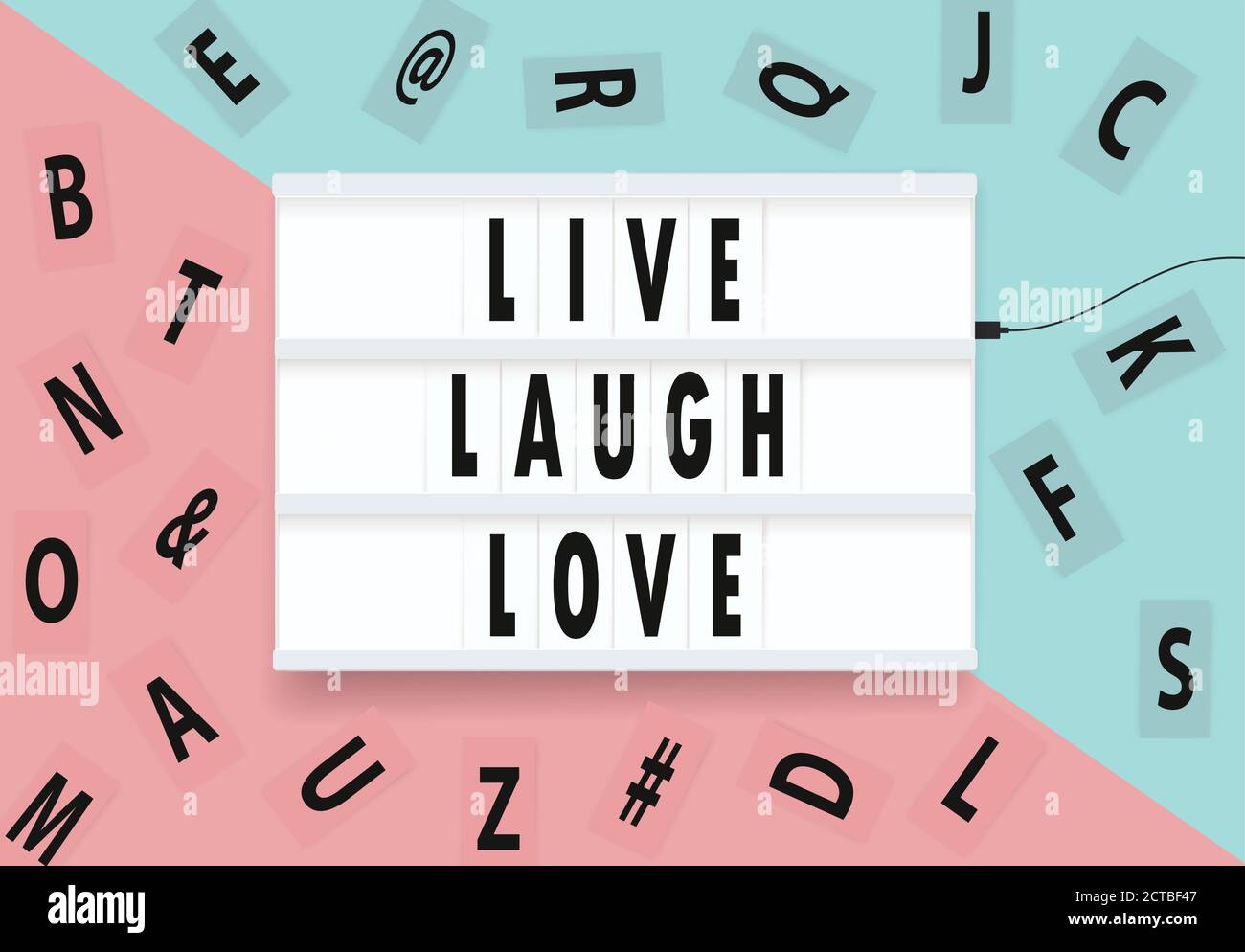 Lichtkasten mit Buchstaben isoliert auf rosa und blauen Hintergrund Vektor-Illustration. Text „Live Laugh love“ auf Leuchtkasten. Stock Vektor