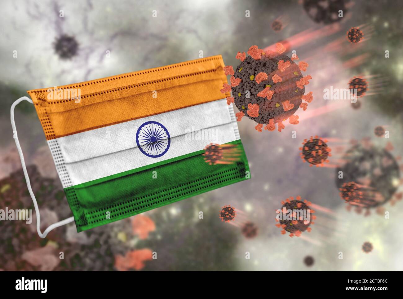 Gesichtsmaske mit Flagge von Indien, Verteidigung Coronavirus Stockfoto