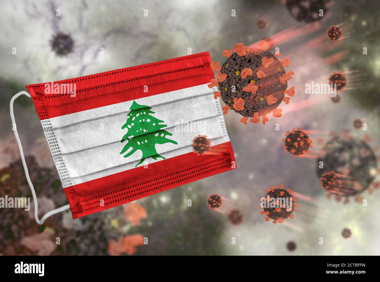 Gesichtsmaske mit Flagge des Libanon, Verteidigung Coronavirus Stockfoto