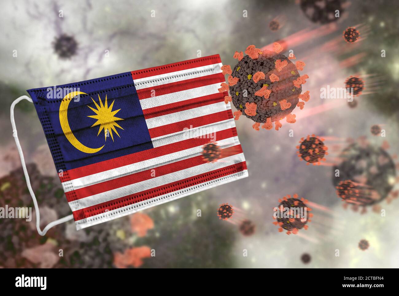 Gesichtsmaske mit Flagge von Malaysia, Verteidigung Coronavirus Stockfoto