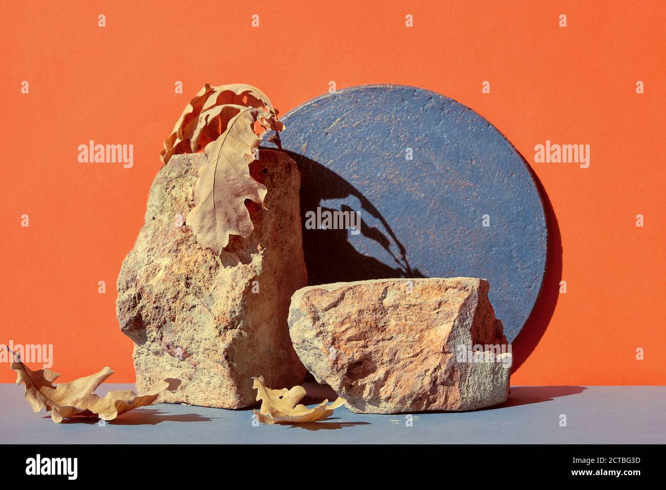 Modernes Herbstpodium aus Backstein in Orange und Grau mit natürlichem, saisonalem Herbstdekor. Stockfoto