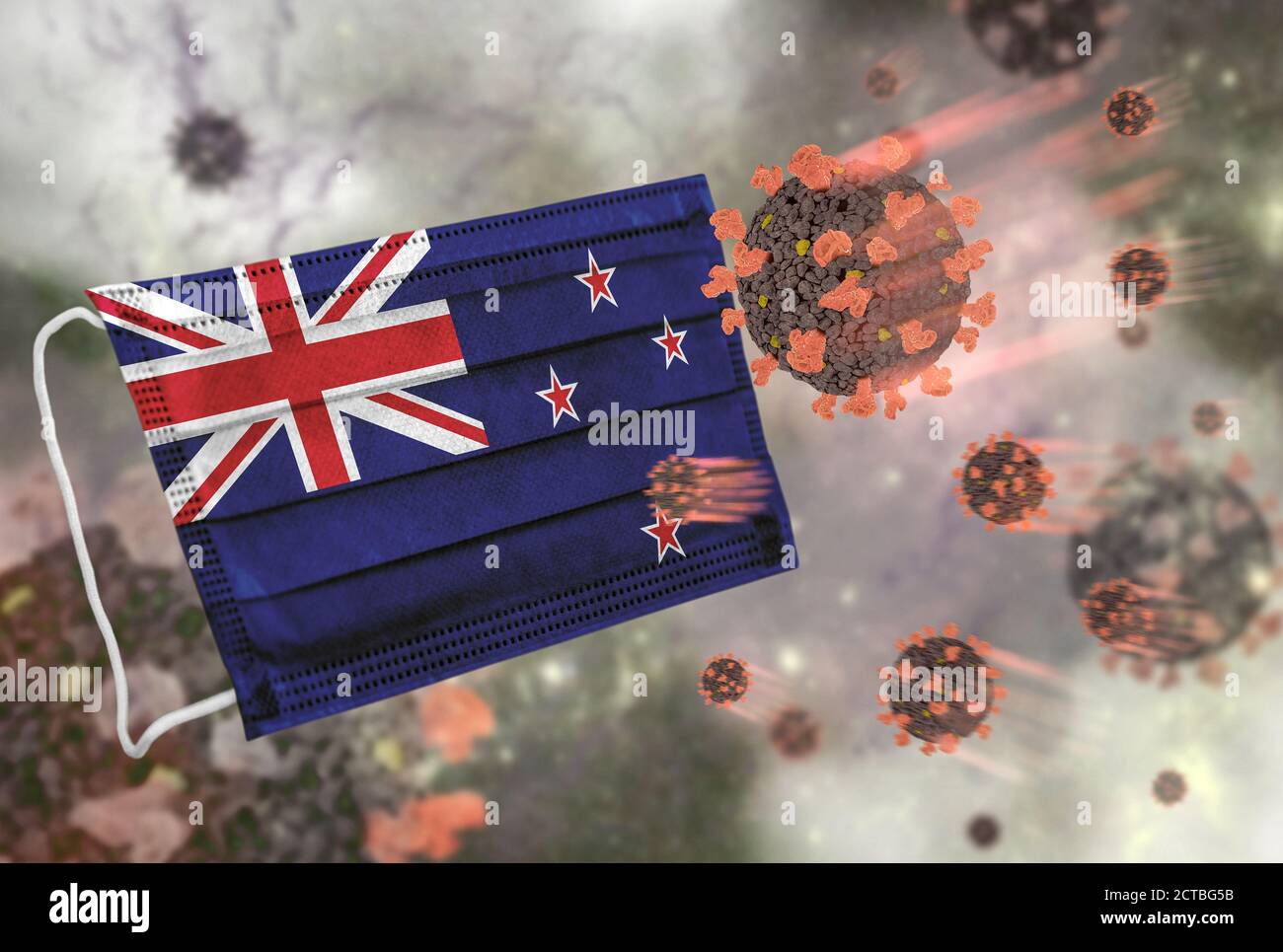 Gesichtsmaske mit Flagge von Neuseeland, Verteidigung Coronavirus Stockfoto