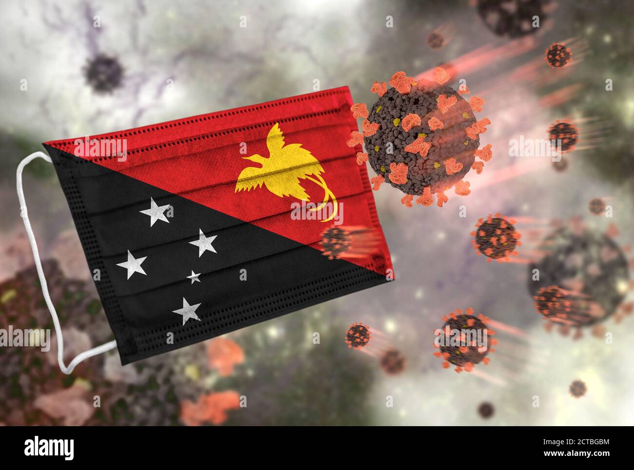 Gesichtsmaske mit Flagge von Papua-Neuguinea, Verteidigung Coronavirus Stockfoto