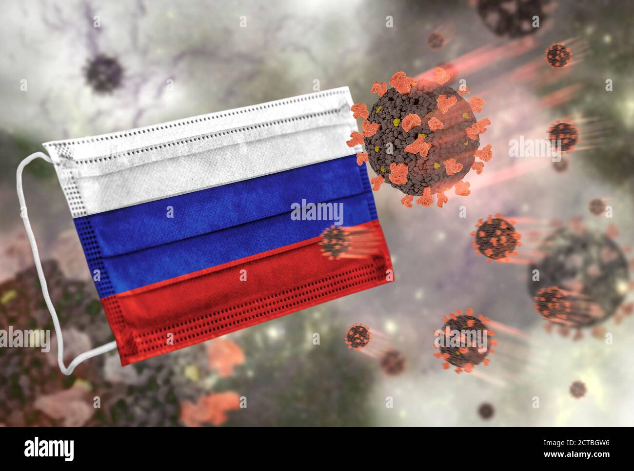 Gesichtsmaske mit Flagge von Russland, Verteidigung Coronavirus Stockfoto