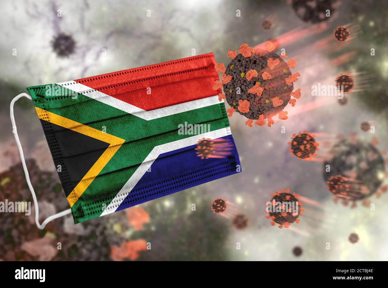Gesichtsmaske mit Flagge von Südafrika, Verteidigung Coronavirus Stockfoto