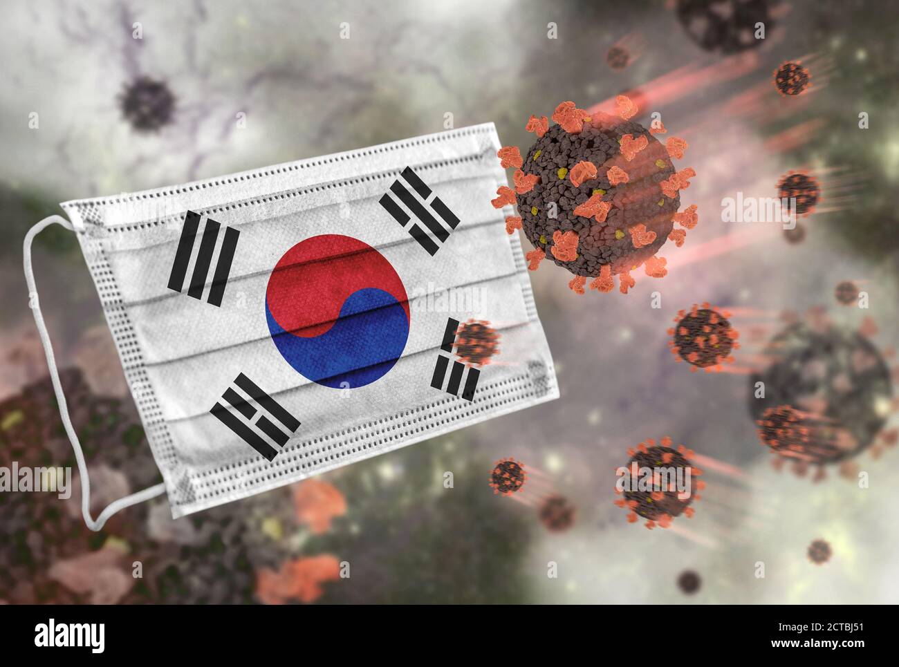 Gesichtsmaske mit Flagge von Südkorea, Verteidigung Coronavirus Stockfoto