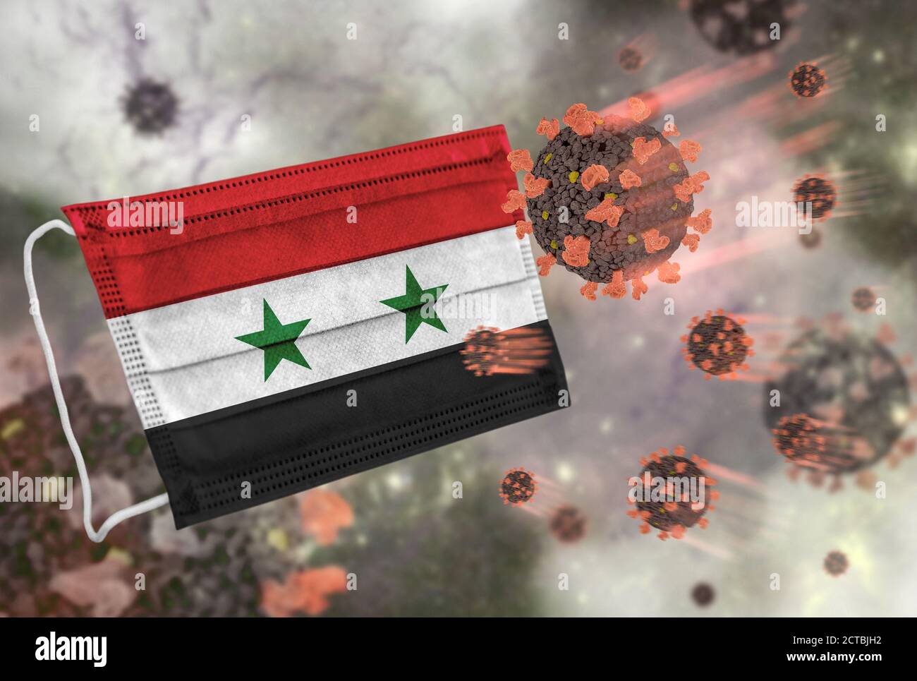 Gesichtsmaske mit Flagge von Syrien, Verteidigung Coronavirus Stockfoto