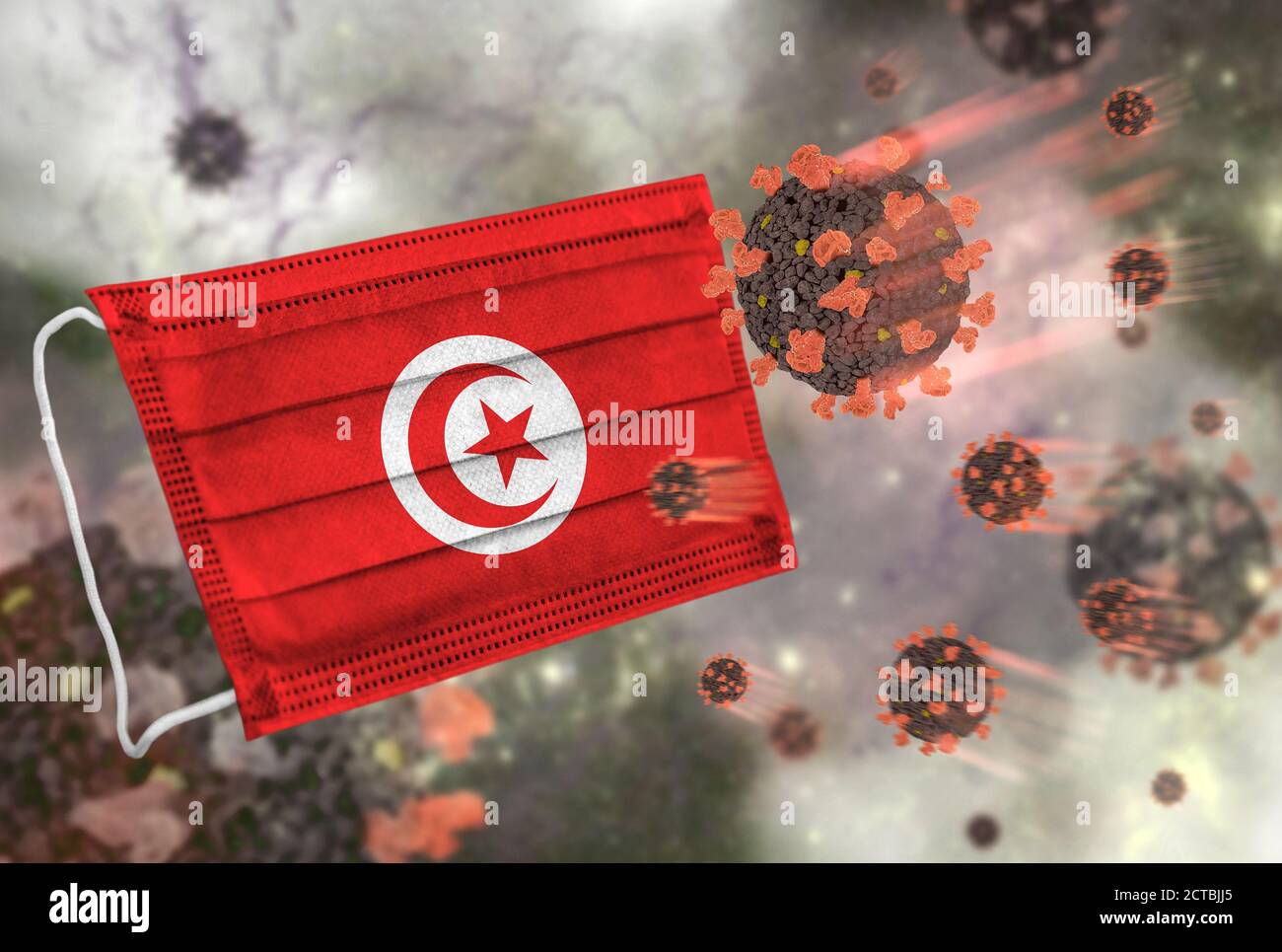 Gesichtsmaske mit Flagge von Tunesien, Verteidigung Coronavirus Stockfoto
