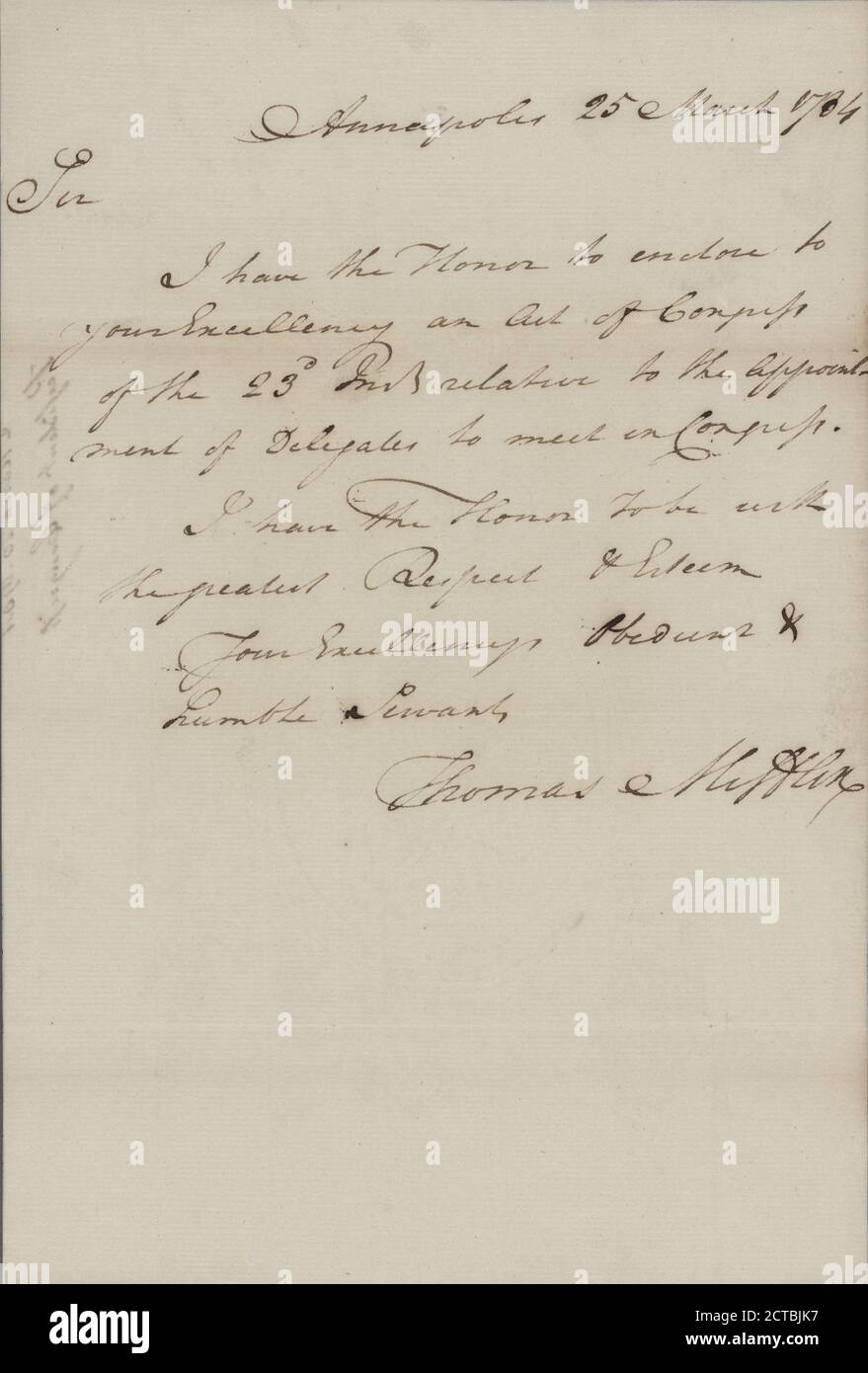 Brief an --, Text, Dokumente, 1784, Vereinigte Staaten. Kongress, Continental, 1775–1789 Stockfoto