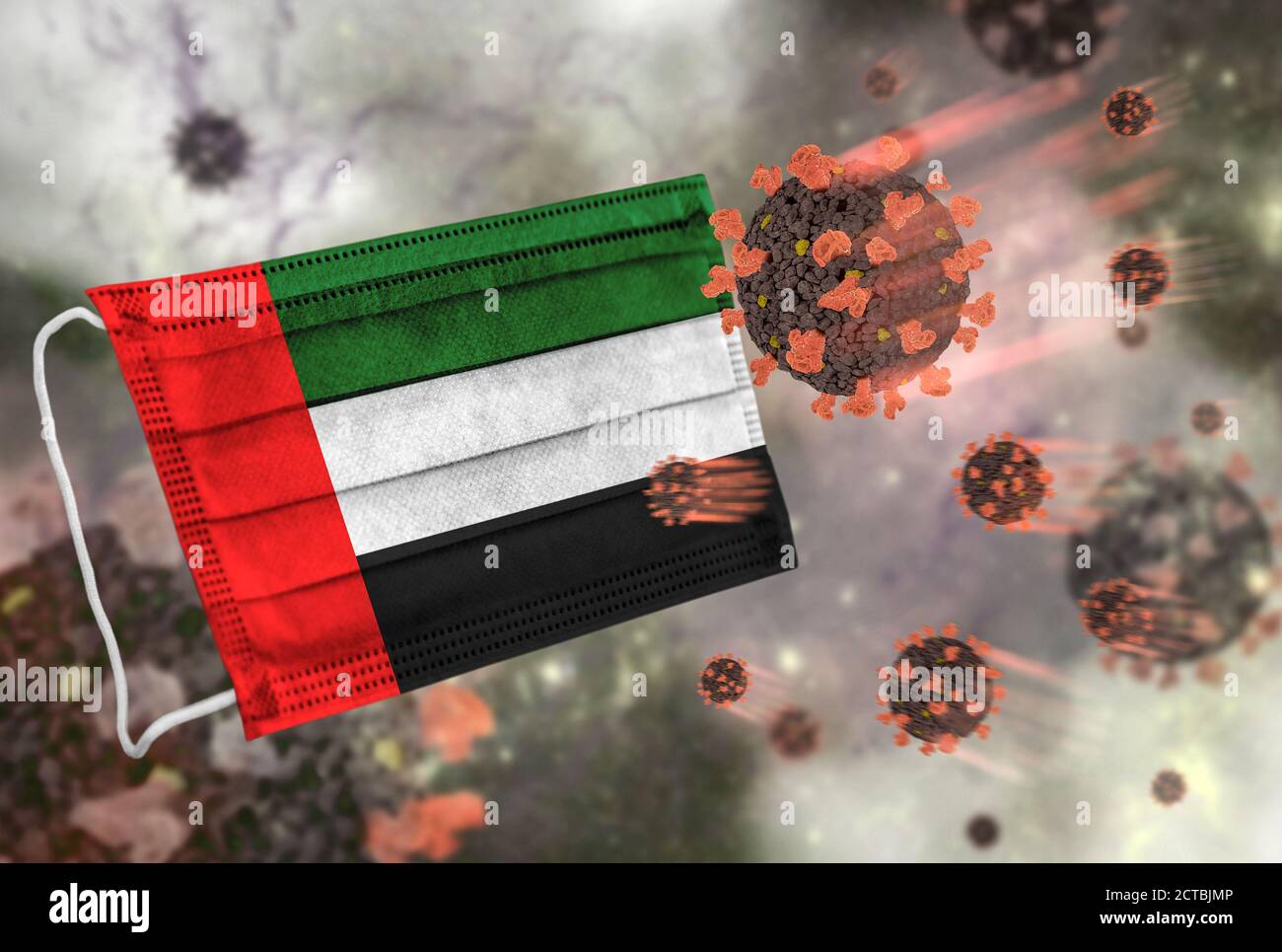 Gesichtsmaske mit Flagge der Vereinigten Arabischen Emirate, Verteidigung Coronavirus Stockfoto