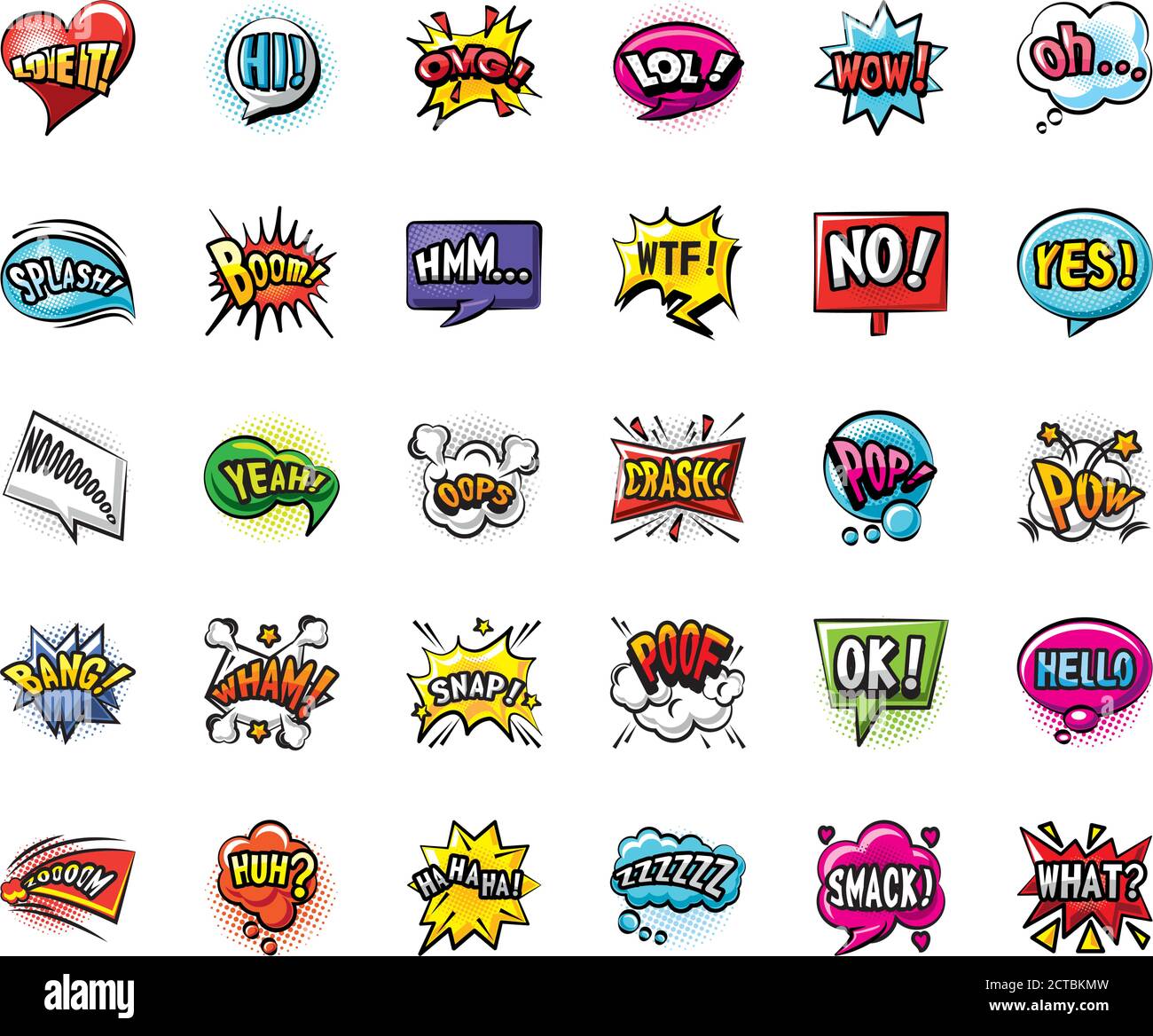 Pop Art Blasen detaillierte Stil 30 Symbol Set Design von Retro Ausdruck Comic Thema Vektor Illustration Stock Vektor