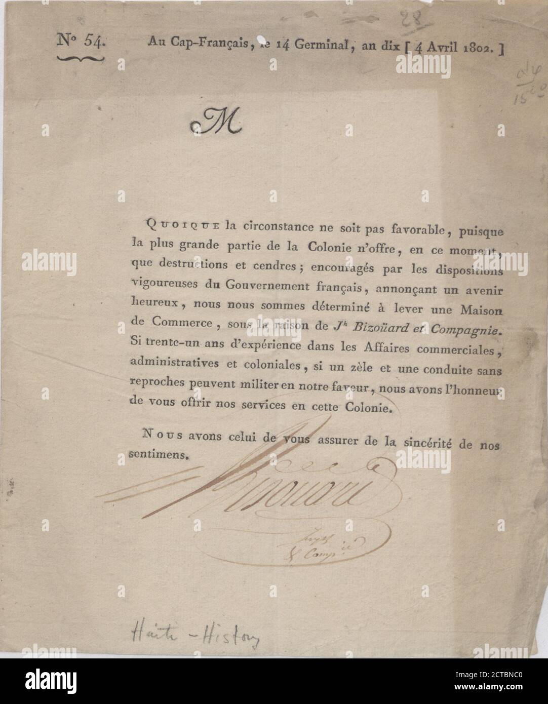 Bizouard Eröffnungsankündigung, Text, Ankündigungen, 1802, Toussaint Louverture, 1743-1803 Stockfoto