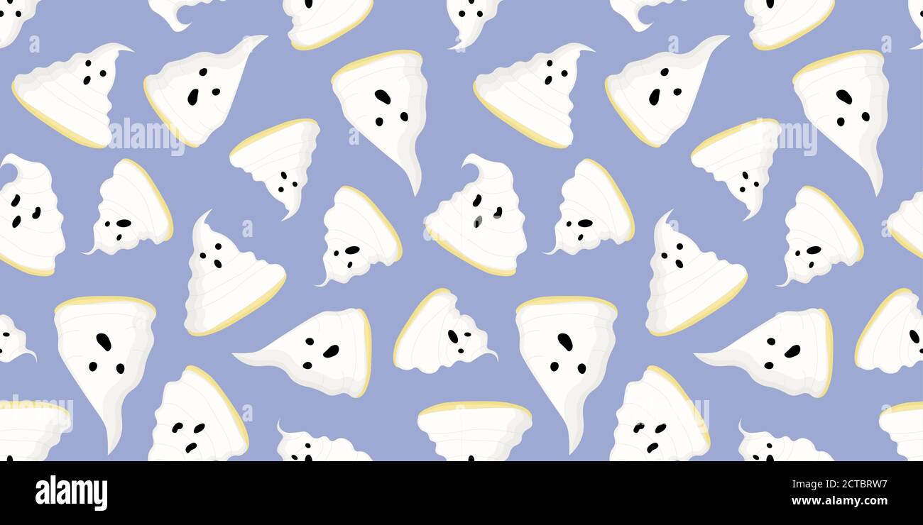 Halloween Muster mit Kuchen auf blauem Hintergrund. Geister. Halloween Geschenkpapier oder Textilien Stock Vektor