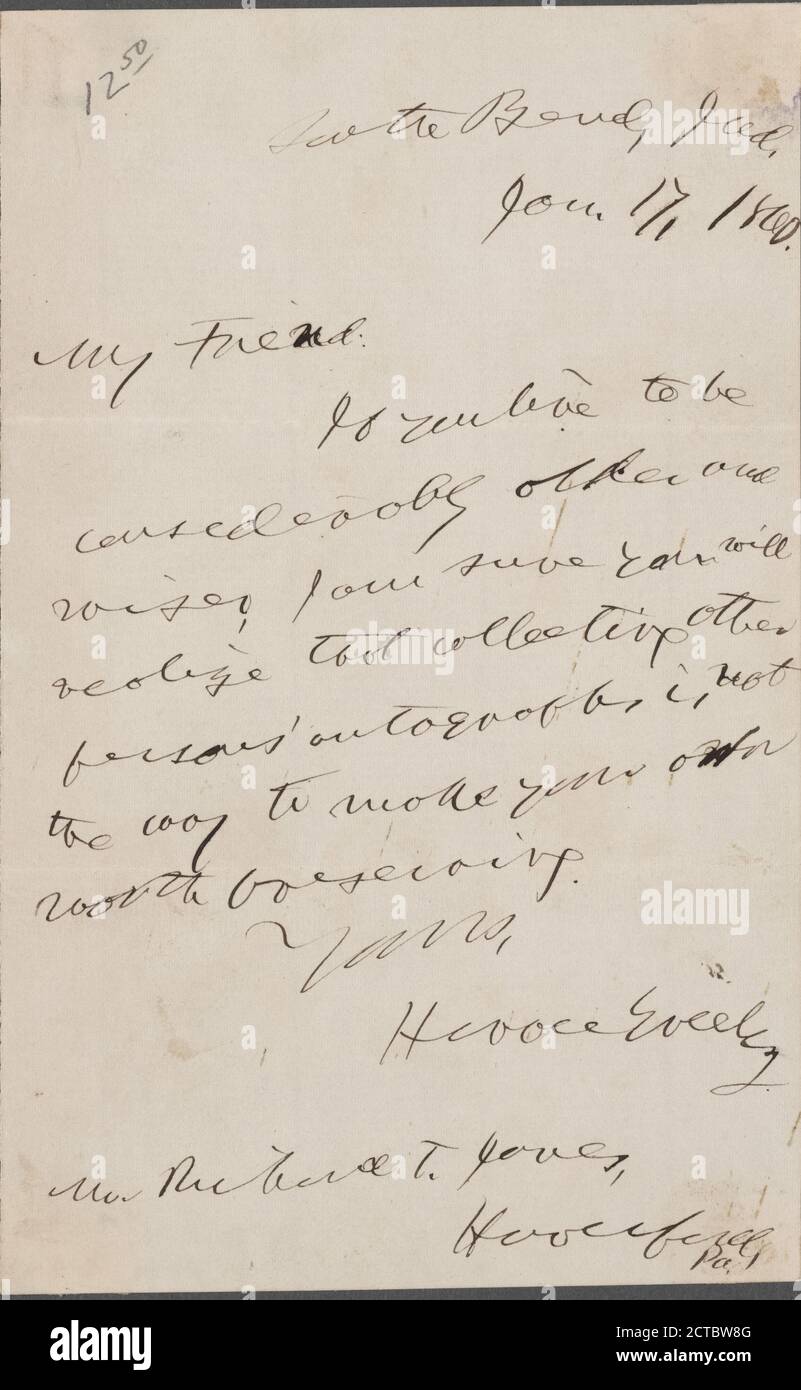 Brief an Richard T. Jones, Text, Korrespondenz, 1860, Greeley, Horace, 1811-1872 Stockfoto