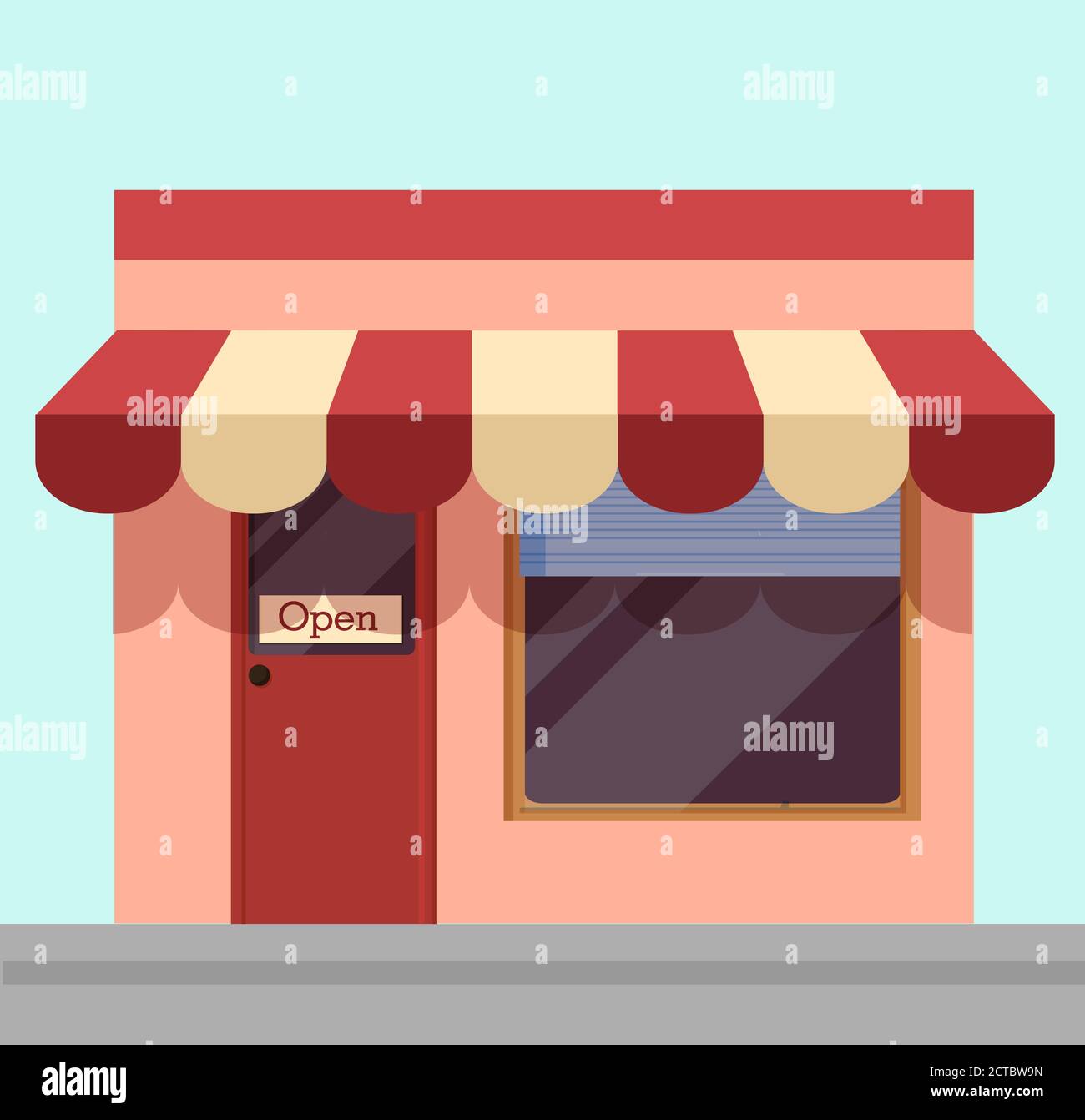 Abbildung öffnen. Cartoon-Shopping-Kiosk mit weißen und roten Markise für Besucher geöffnet. Stock Vektor