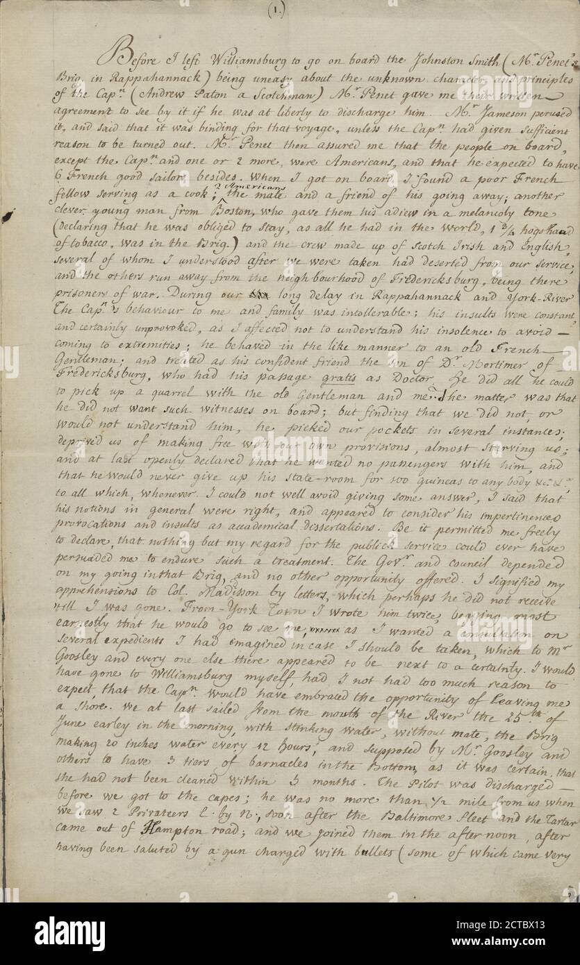 Erzählung von Mazzei’s Gefangennahme und Inhaftierung durch die Briten, Text, Documents, 1780 Stockfoto