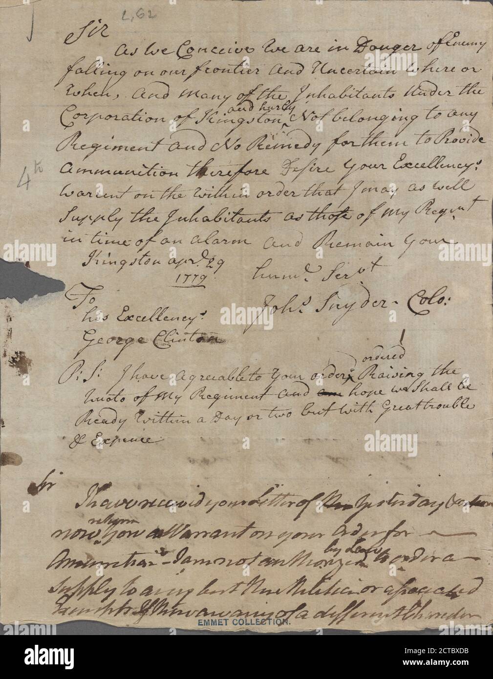 Brief an Gouverneur George Clinton, Text, Dokumente, 1779, Snyder, John Stockfoto