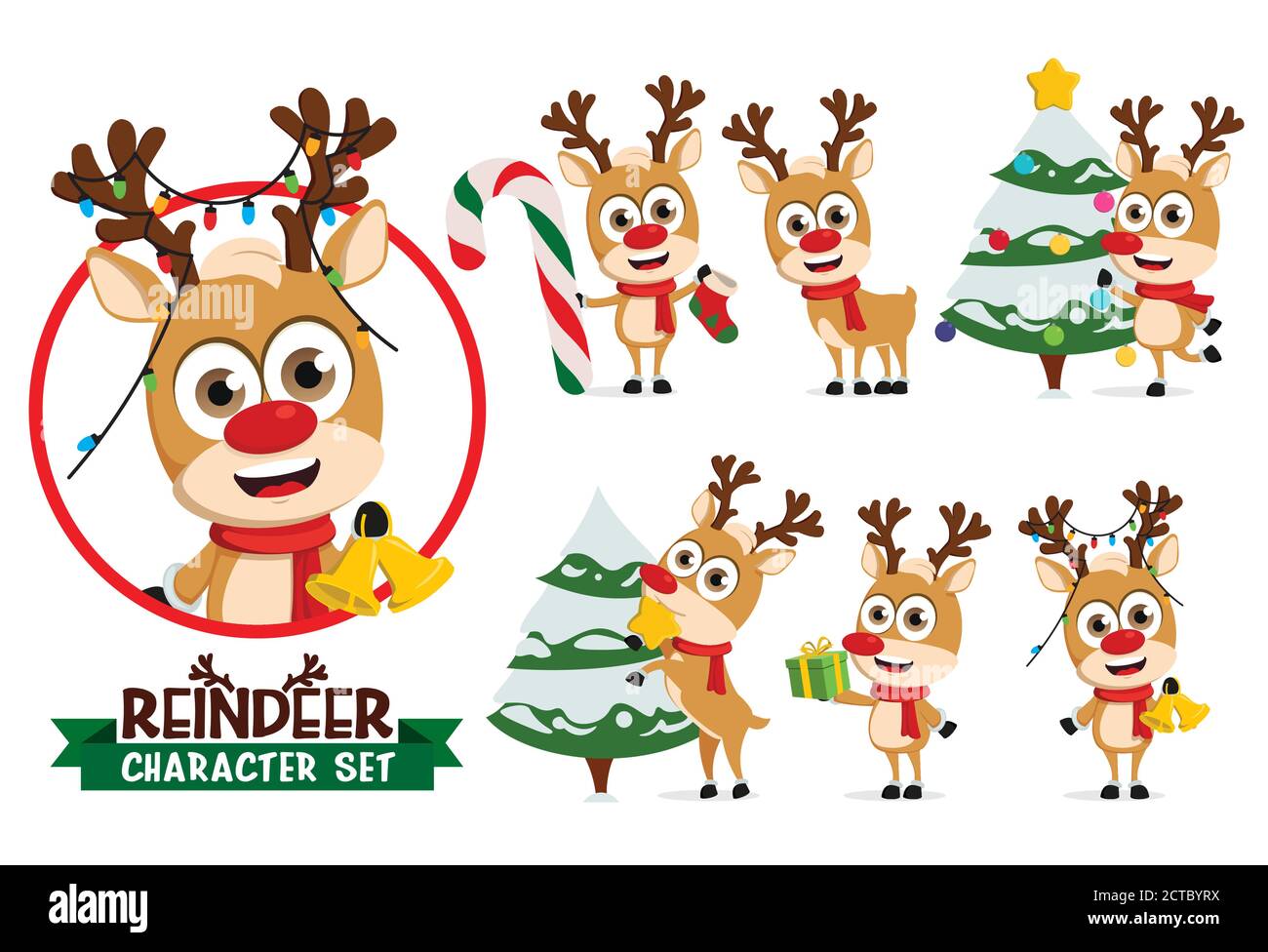 Reindeers Vektor-Zeichensatz. Rentier Charaktere in halten Glocke und Zuckerrohr, Dekoration weihnachtsbaum und Geschenk geben für Weihnachten Saison. Stock Vektor