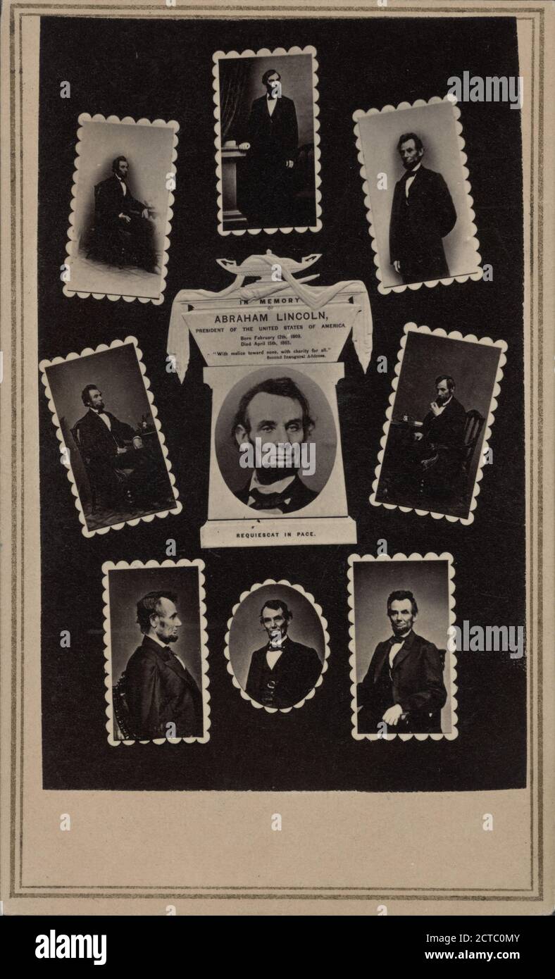 In Erinnerung an Abraham Lincoln, Präsident der Vereinigten Staaten von Amerika. Geboren Am 12. Februar 1809. Gestorben Am 15. April 1865. "Mit Bosheit gegen keine, mit Nächstenliebe für alle." Zweite Antrittsrede, Standbild, Fotografien, 1865 Stockfoto