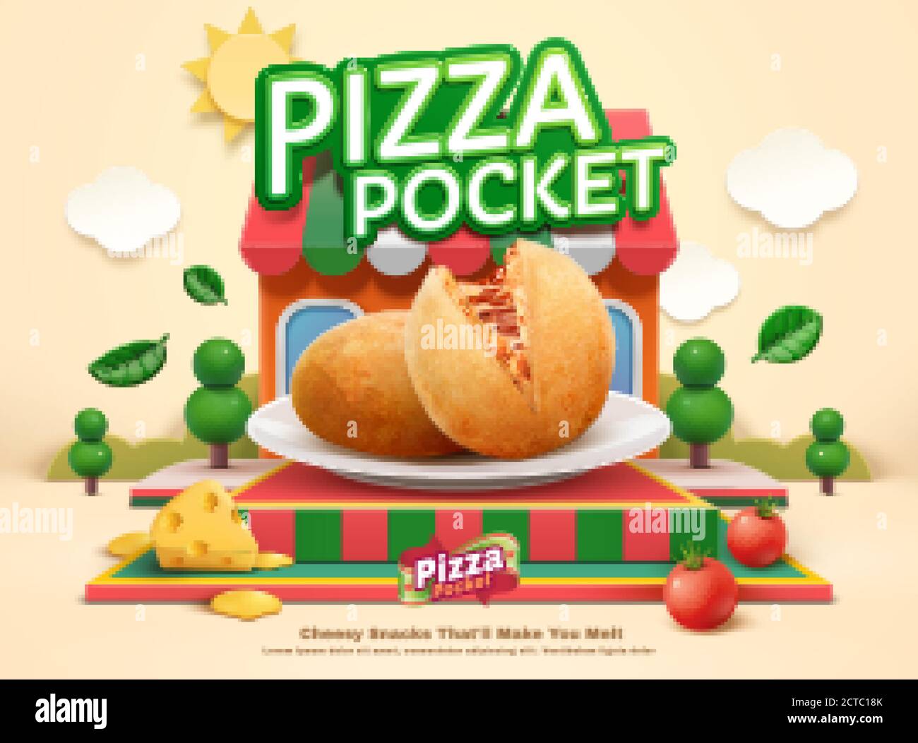 Pizza-Pocket-Anzeige templpate mit Food-Mock-up auf Miniatur-Restaurant Hintergrund, 3d-Illustration Stock Vektor