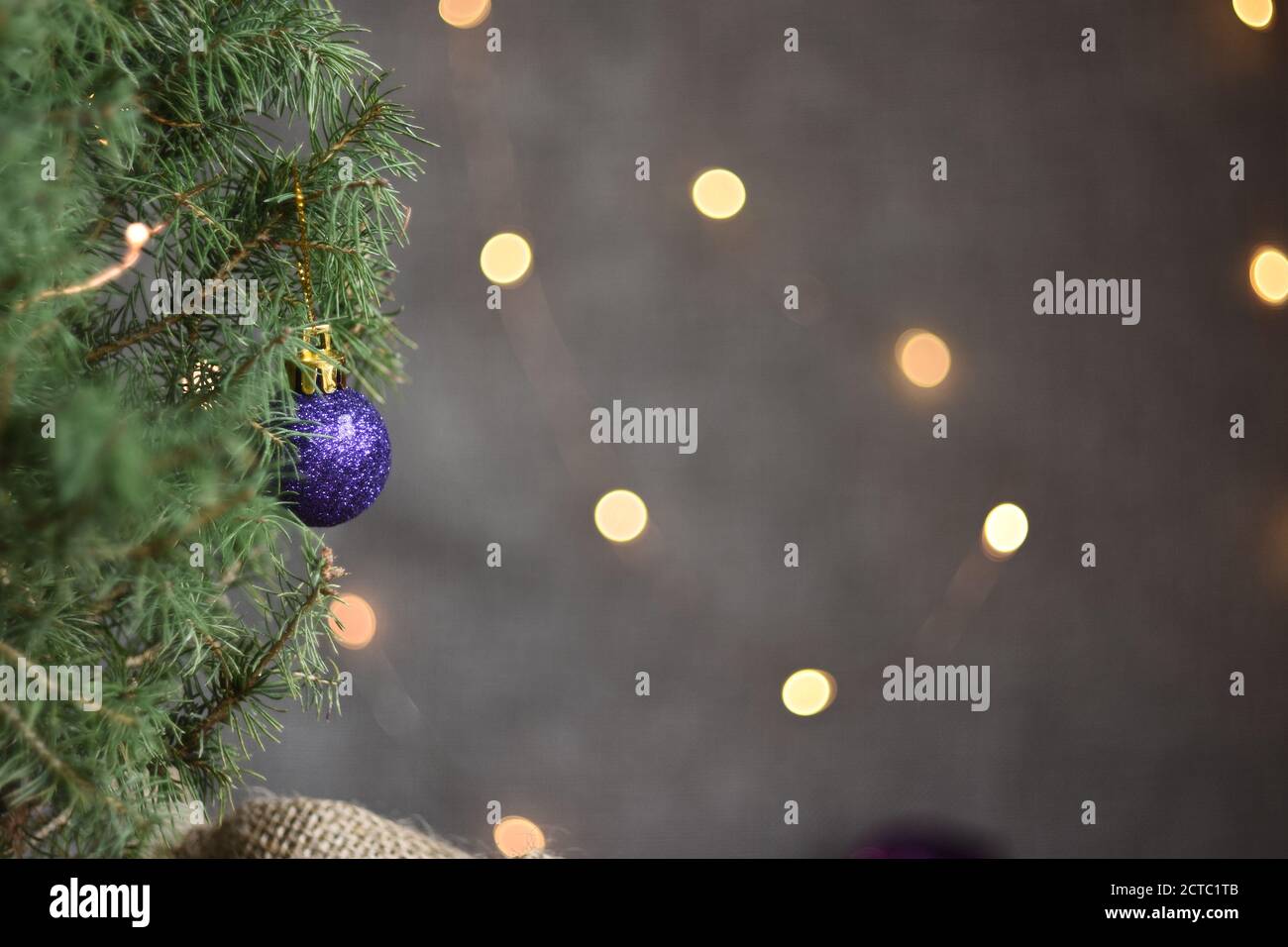 Schöner weihnachtlicher Hintergrund mit einem Fichtenzweig und einer Kugel Auf dem bokeh Hintergrund der Lichter Stockfoto